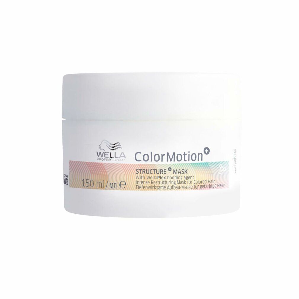 Weiße Dose Wella ColorMotion+ Strukturmaske. Aufschrift: 150 ml, Intense Restructuring Mask für coloriertes Haar.