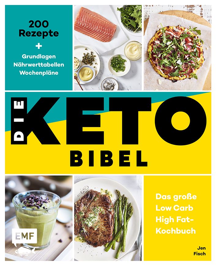 Buchcover: "Die Keto-Bibel". Gelber Hintergrund, schwarzer Titel. Rezepte, Nährwerttabellen und Wochenpläne. Fotos von Lebensmitteln.