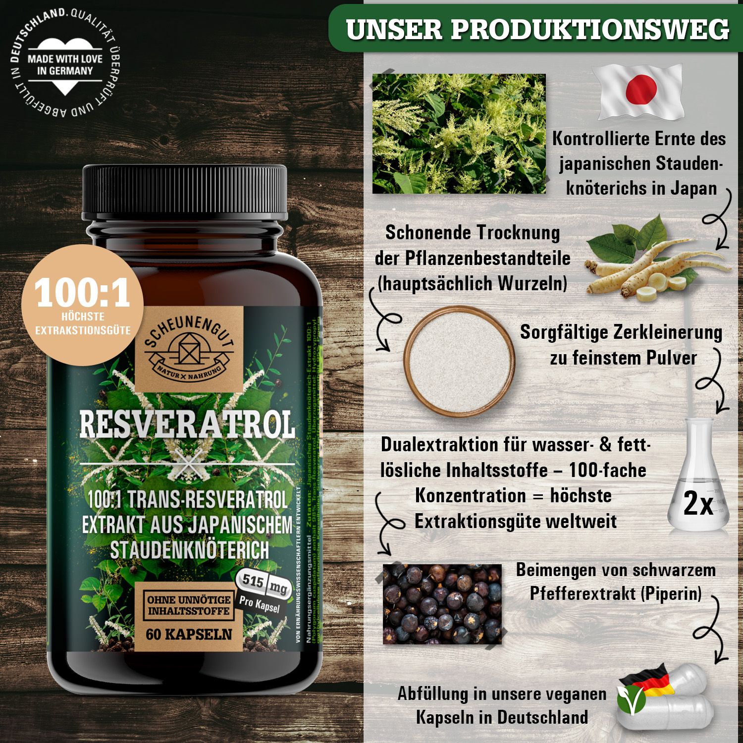 Scheunengut® Resveratrol | Der Original 100:1 Trans-Resveratrol Extrakt optimiert mit Piperin 60 St Kapseln