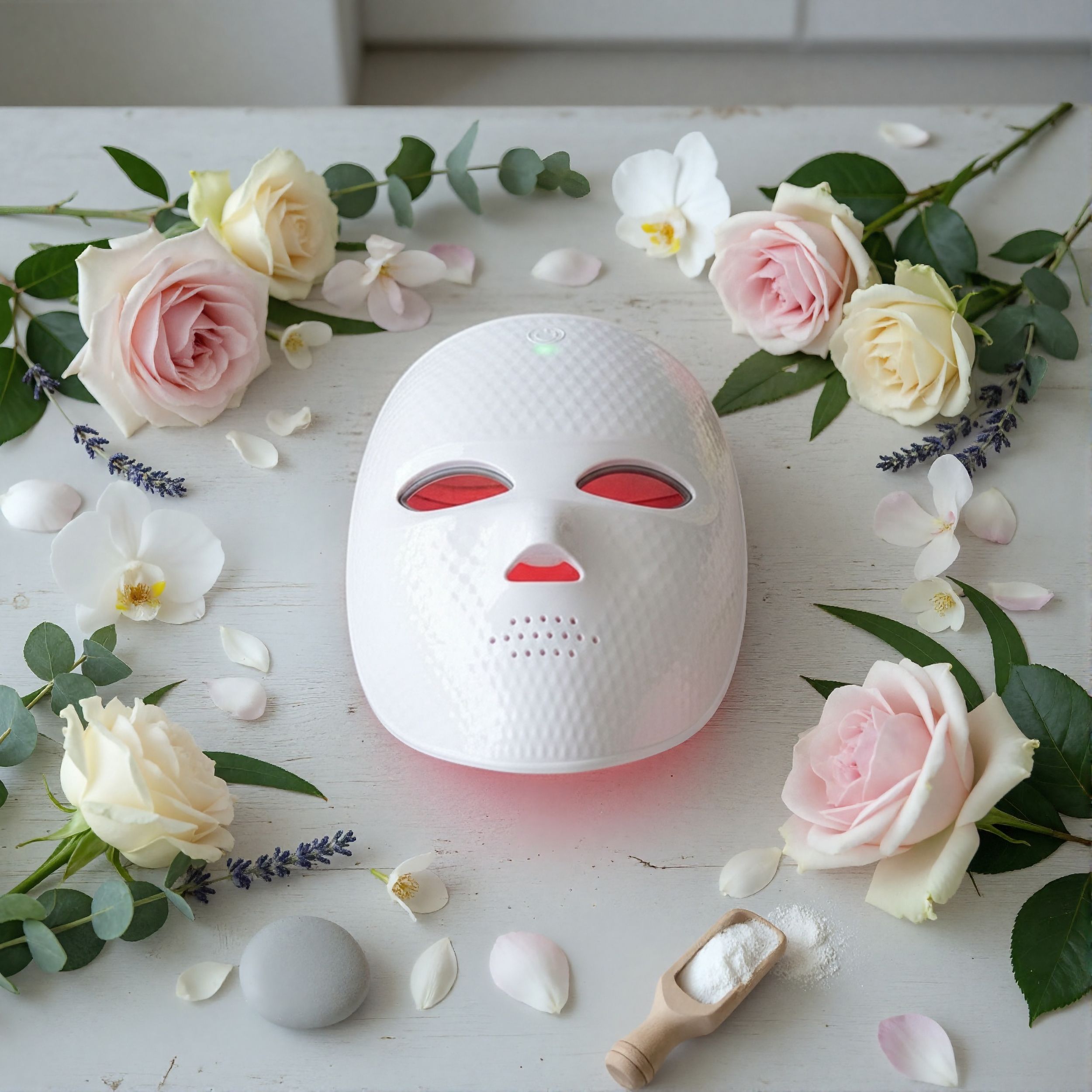 Weiße LED-Gesichtsmaske, umgeben von Blumen und Blütenblättern. Die Maske hat eine wabenförmige Oberfläche.