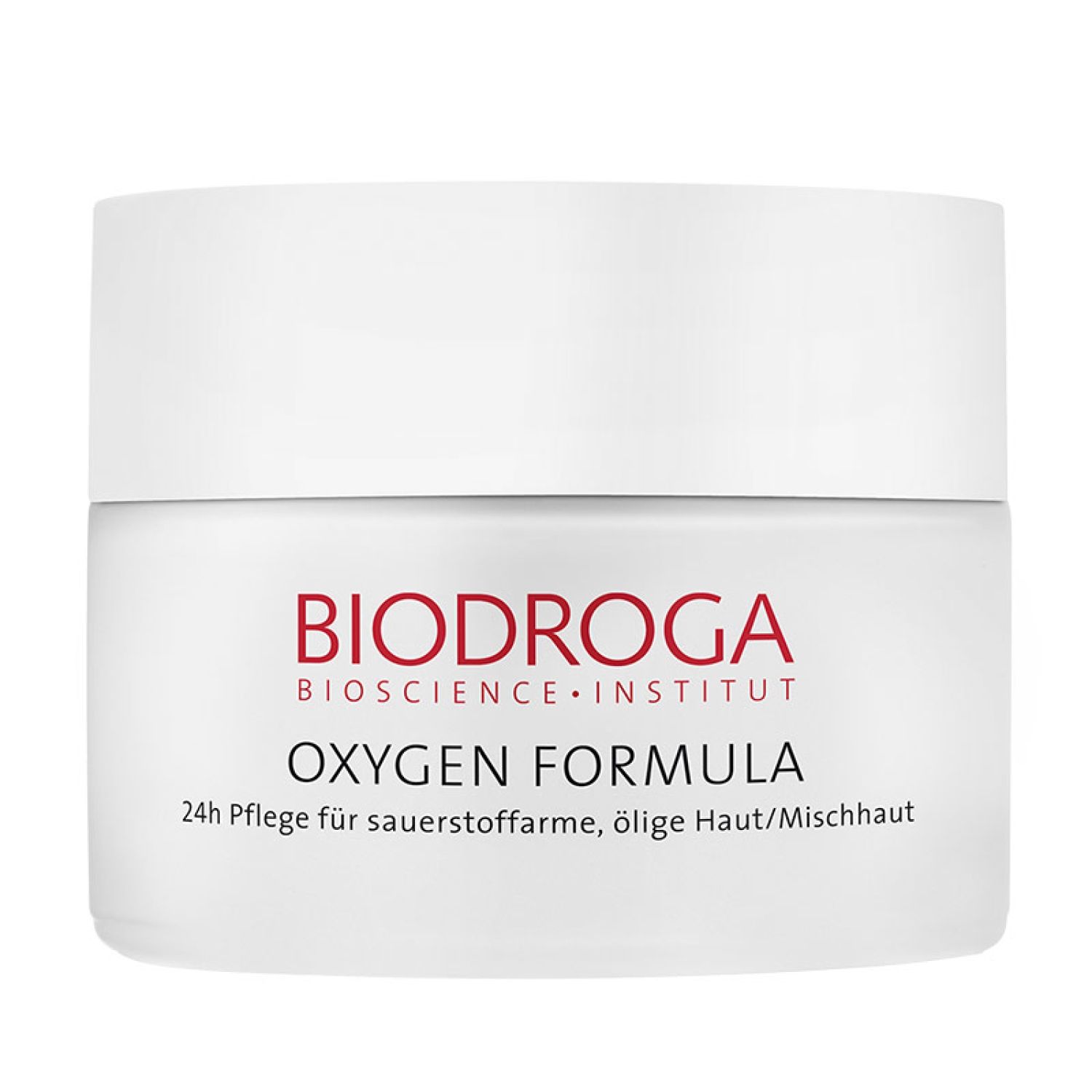 Weißer Tiegel mit rotem BIODROGA-Logo und Produktbezeichnung OXYGEN FORMULA. Text: 24h Pflege für sauerstoffarme, ölige Haut/Mischhaut.