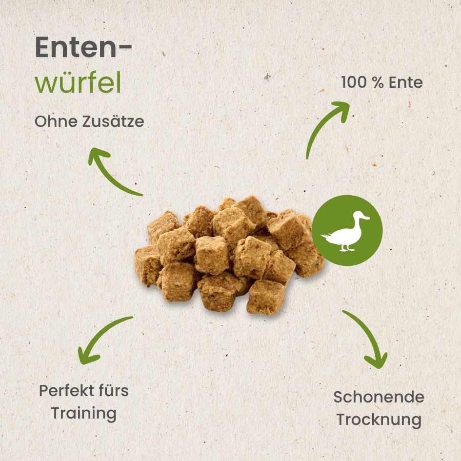 Ein Hund kaut auf einem Stück Pferde-Filet, das auf einem Holzstamm liegt.