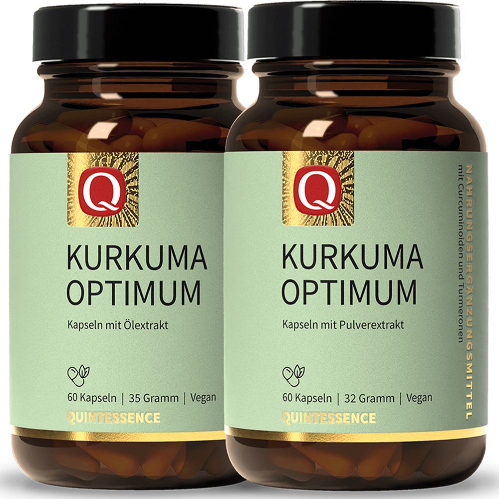 Zwei Flaschen Quintessence Kurkuma Optimum Kapseln mit Ölextrakt und Pulverextrakt.