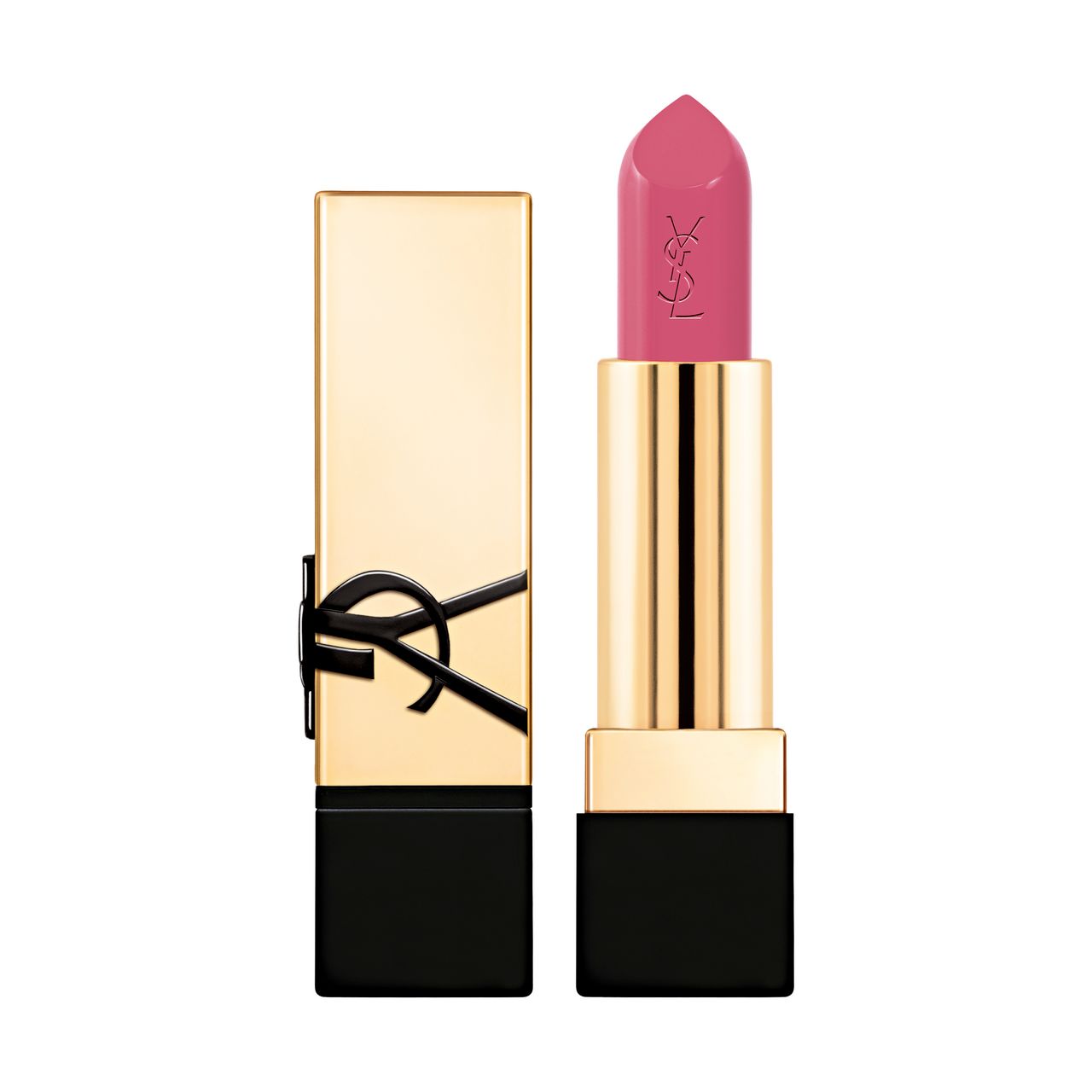 Goldener Lippenstiftbehälter mit schwarzem Logo und rosa Lippenstift.