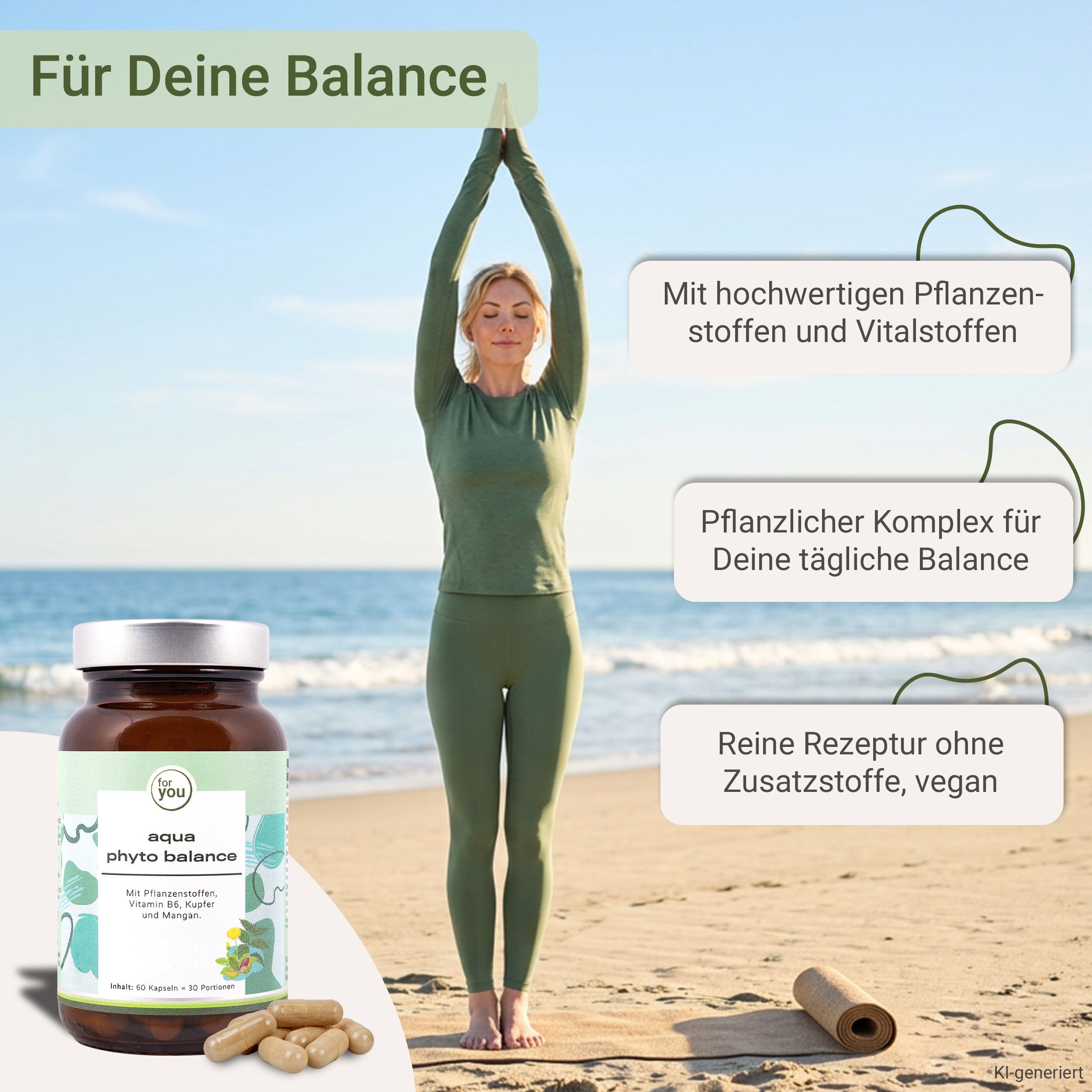 Braune Glasflasche mit Kapseln und Etikett 'aqua phyto balance' neben einer Frau in Yoga-Pose am Strand.
