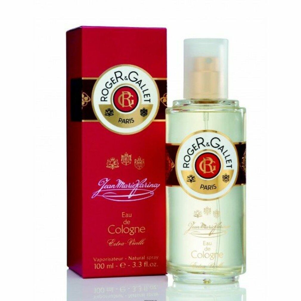 Flakon und rote Verpackung. ROGER & GALLET Logo und Schriftzug. Text: Eau de Cologne, 100 ml.