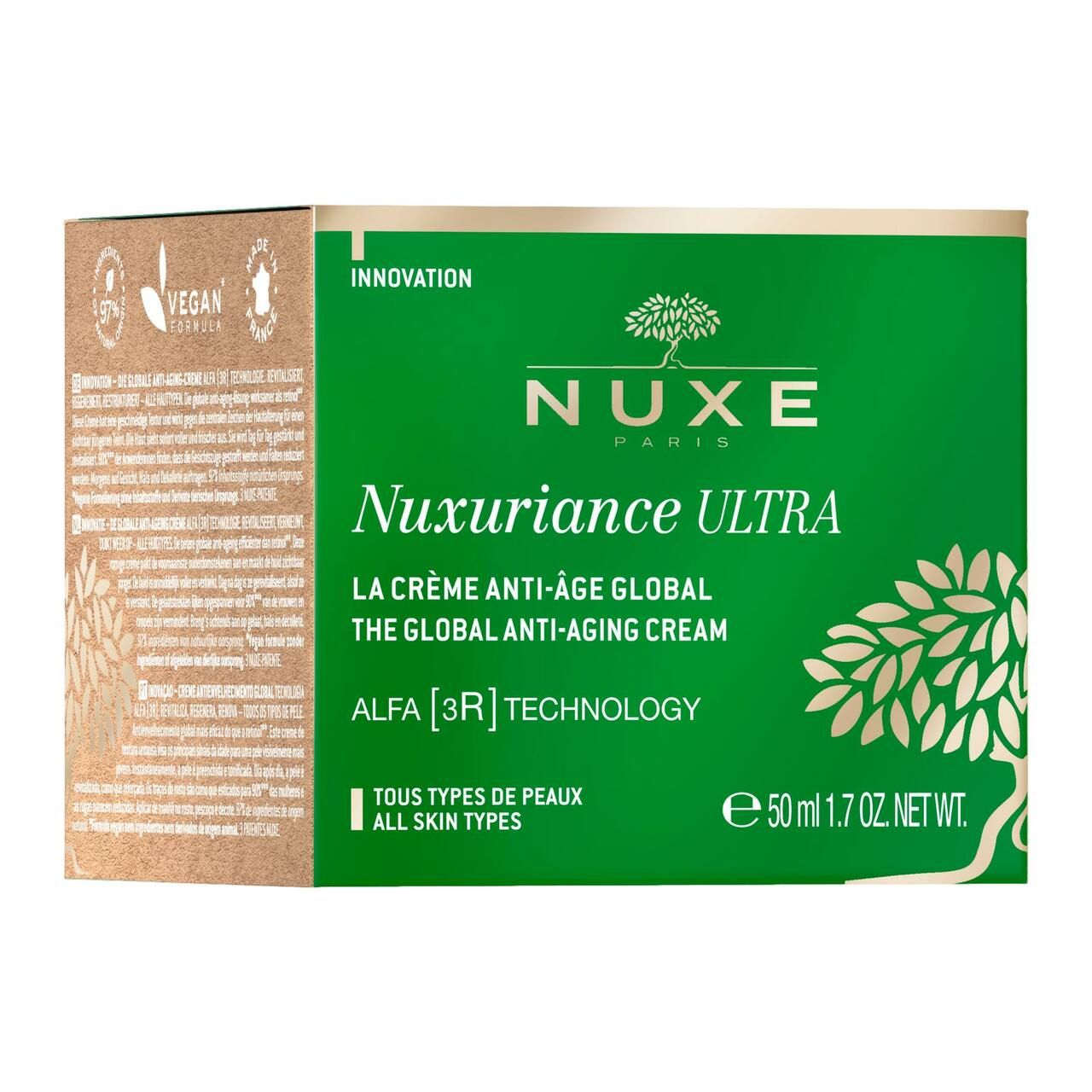 Produktverpackung. Aufschrift: NUXE, Nuxuriance ULTRA, La Crème Anti-Âge Global, The Global Anti-Aging Cream. 50 ml.
