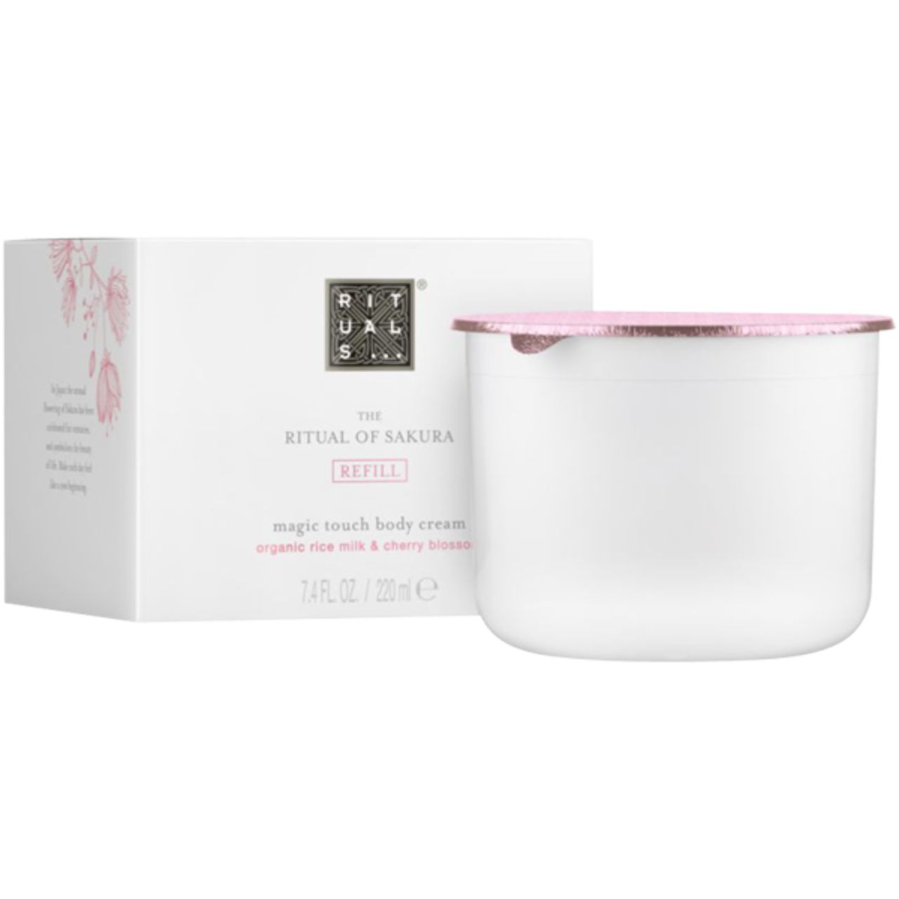 Weißer Behälter und Karton. Aufschrift: The Ritual of Sakura, Refill, Magic Touch Body Cream. Rosa Deckel und Details.