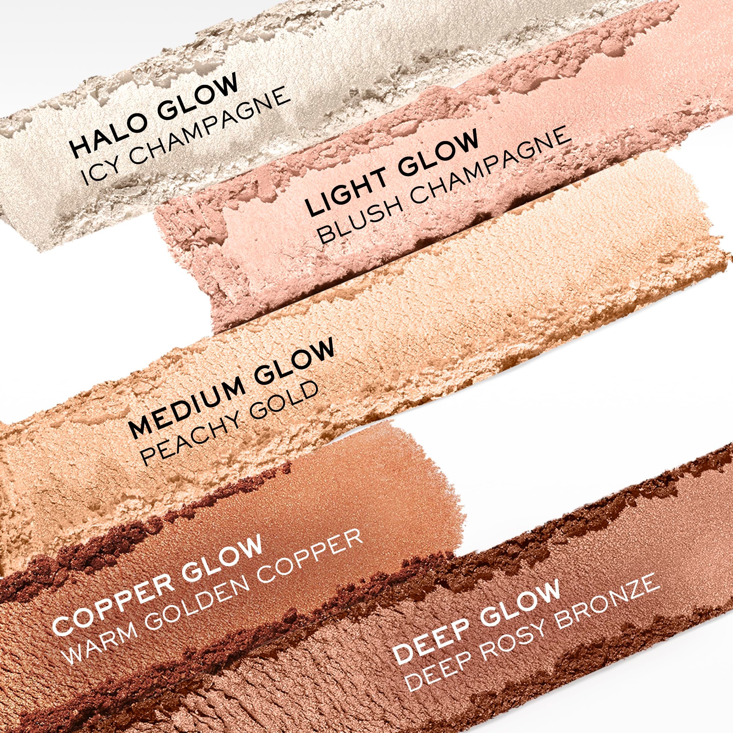 Farbproben von Highlightern. Text: HALO GLOW, LIGHT GLOW, MEDIUM GLOW, COPPER GLOW, DEEP GLOW. Produktnamen.