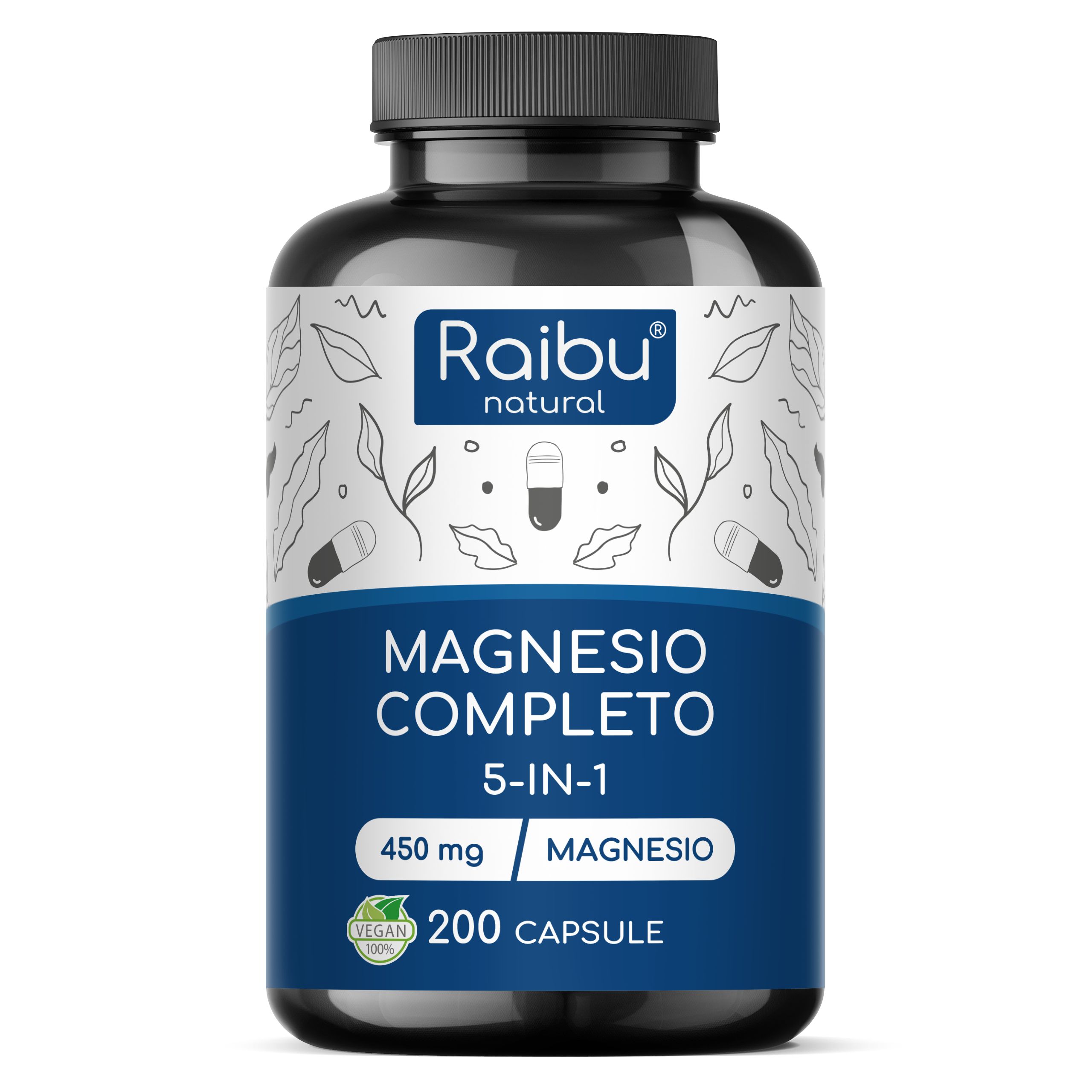 Schwarze Flasche mit Kapseln. Aufschrift: Raibu natural, MAGNESIO COMPLETO, 5-IN-1, 450 mg, 200 Kapseln. Vegan-Siegel.
