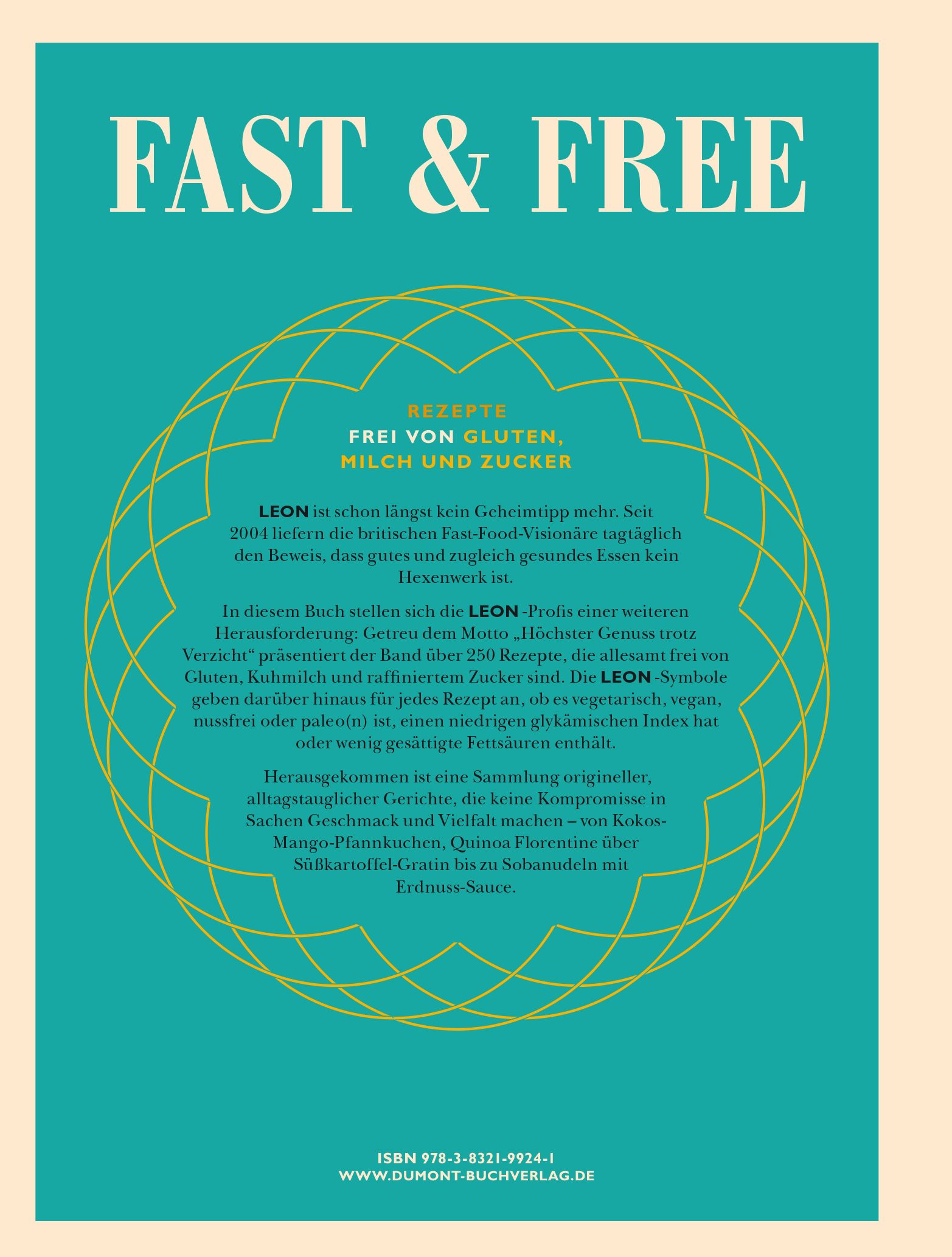 Rückseite des Buches FAST & FREE mit Text und geometrischem Muster. ISBN und Verlagslogo unten.