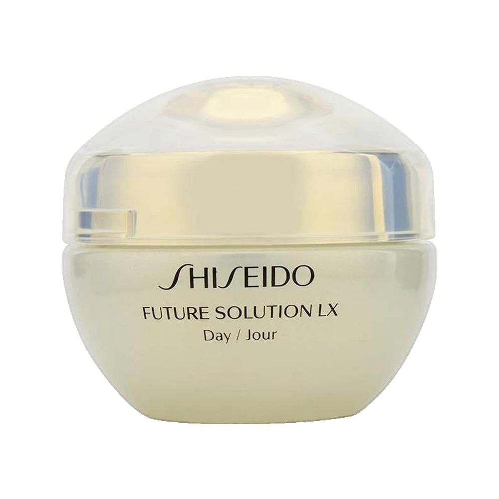 Cremebehälter mit Deckel. Aufschrift: SHISEIDO, FUTURE SOLUTION LX, Day / Jour.