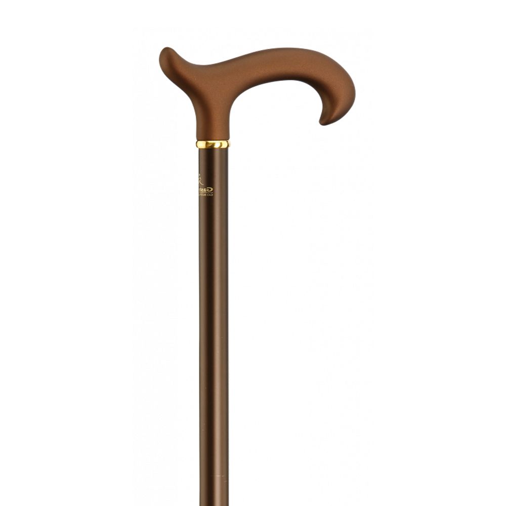 Gehstock mit Derbygriff, braun. Der Griff ist gebogen. Der Stock ist höhenverstellbar und hat eine goldfarbene Manschette.