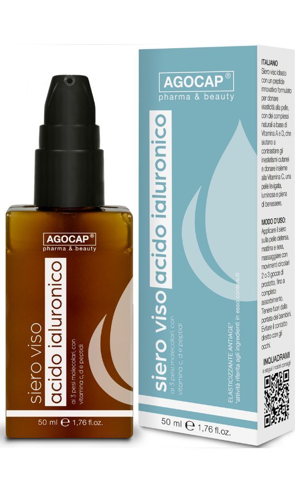 Gesichtsserum-Flasche und Verpackung. Aufschrift: Agocap, Siero viso acido ialuronico. Enthält Vitamin C und Peptide.