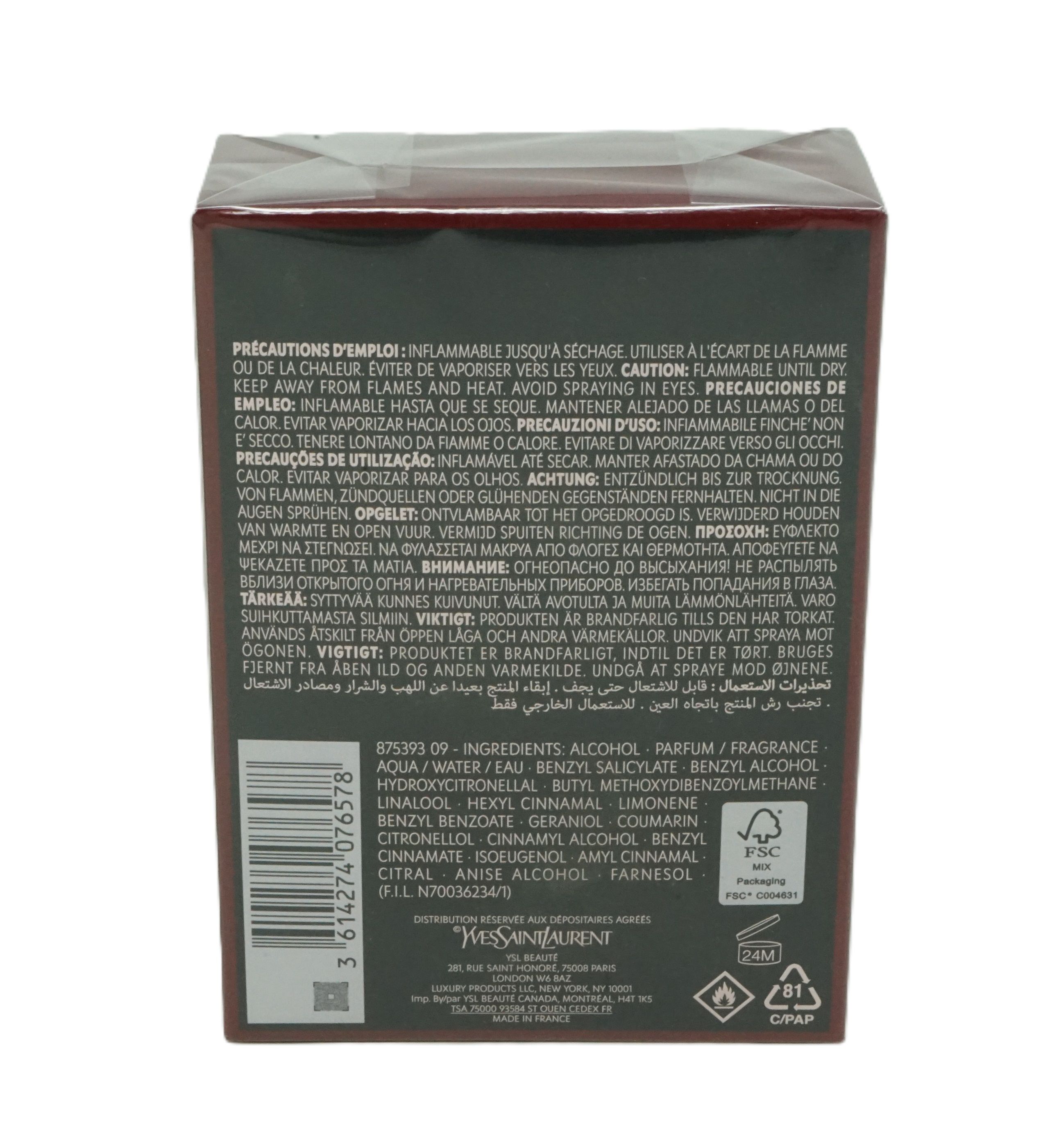 Verpackung mit Text. Zutatenliste, Warnhinweise und Markenlogo. FSC-Zertifizierung.