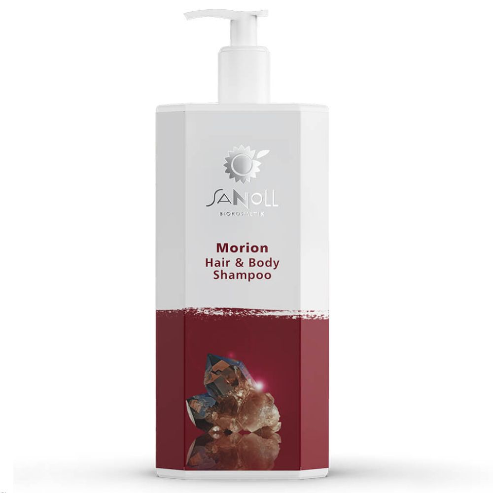 Sanoll Biokosmetik just4men Morion Hair & Body Shampoo. Weiße Flasche mit Pumpe. Roter Bereich mit Mineralien. Produktbeschriftung.