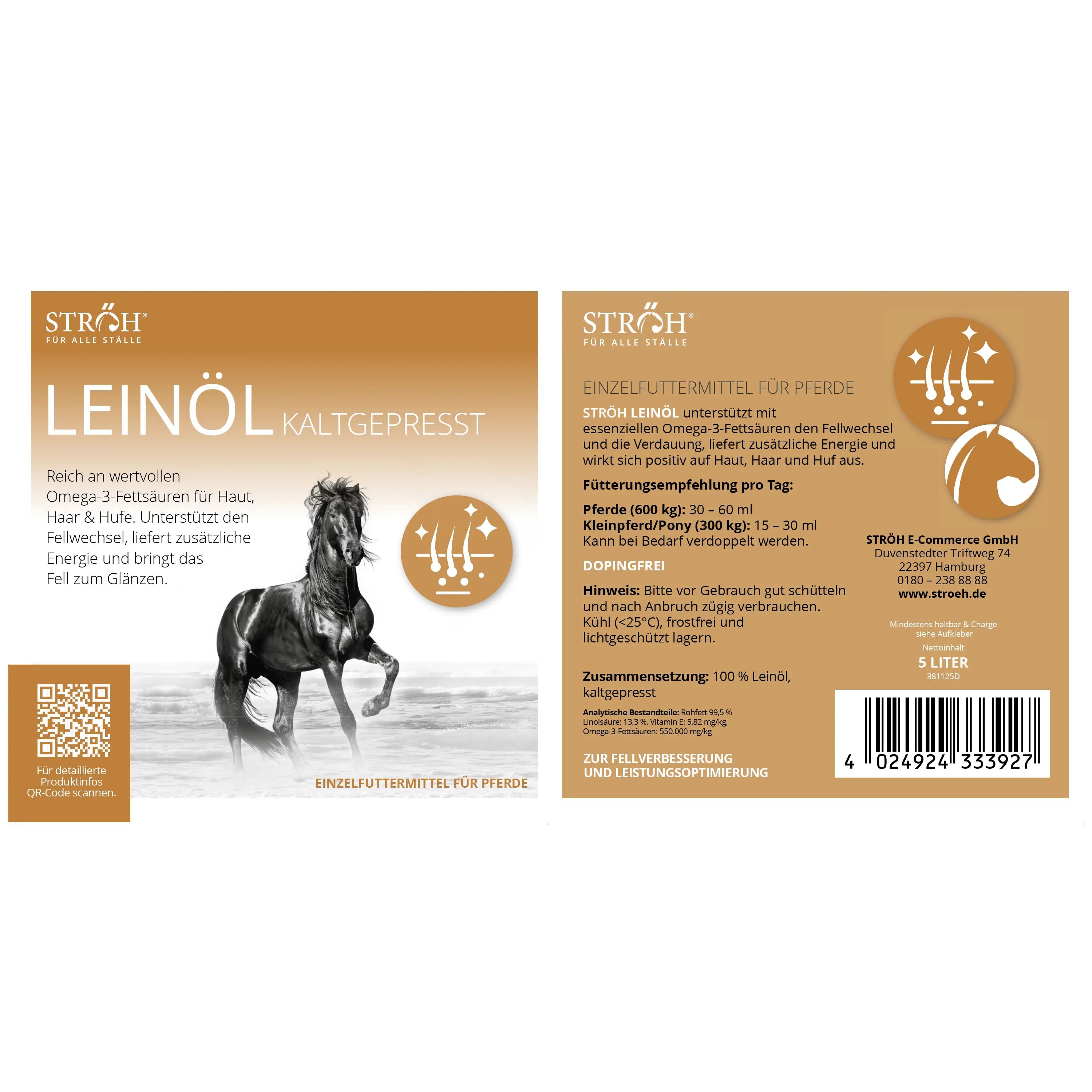 Etikett mit Leinöl kaltgepresst. Aufschrift: STRÖH, Leinöl kaltgepresst. Rückseite mit Informationen. 9 Liter. Abbildung eines Pferdes.
