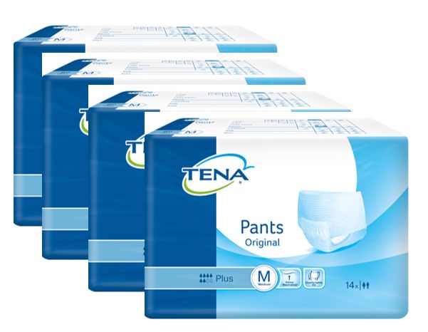 Mehrere Packungen TENA Pants Original Plus. Blaue Verpackung mit Produktabbildung und Logo. Größe M.