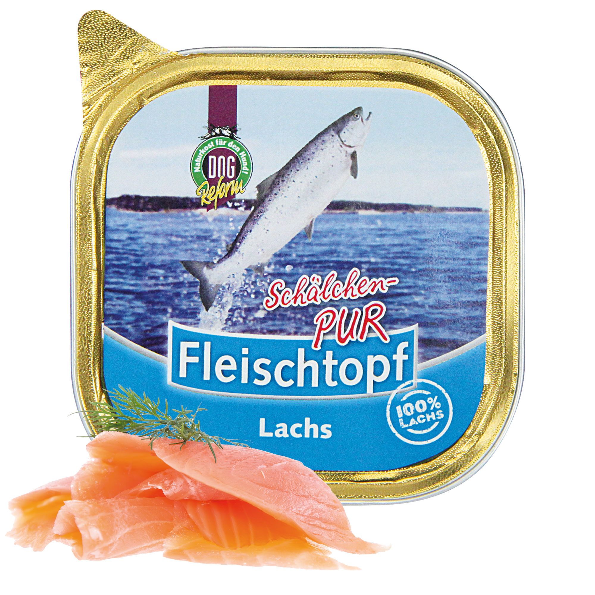 Schälchen mit Lachs-Nassfutter. Goldfarbener Rand, blaue Banderole mit Schriftzug. 100% Lachs-Logo. Geöffnete Lachsscheiben.