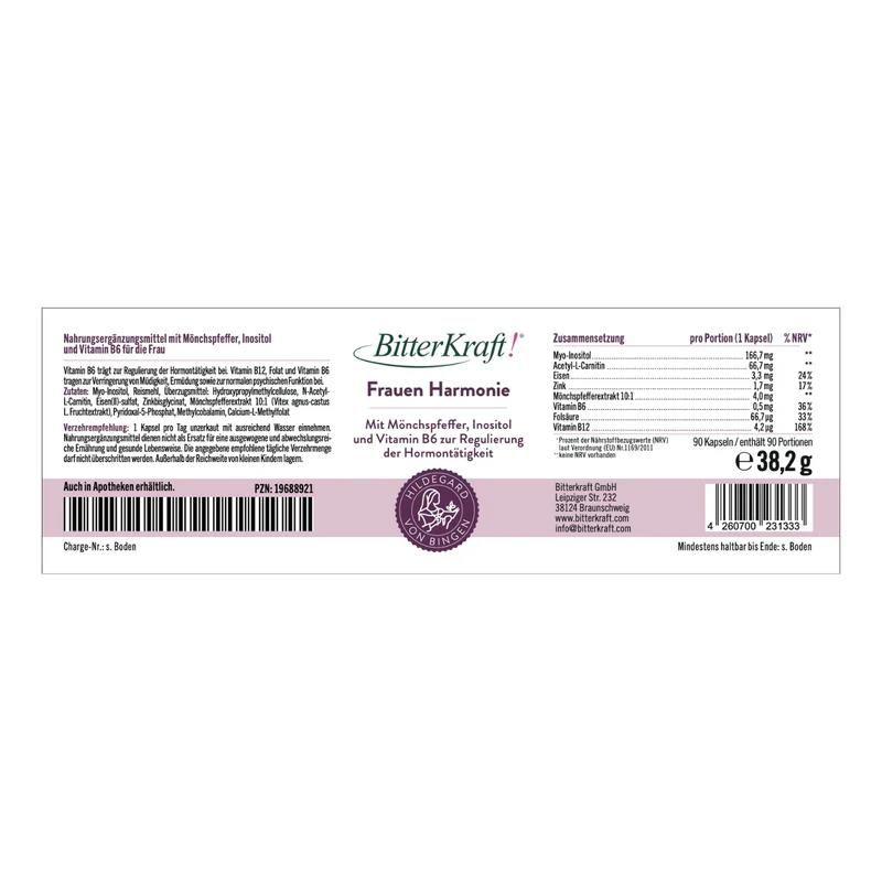Rückseite der Produktverpackung. BitterKraft! Frauen Harmonie. Inhaltsstoffe, Nährwertangaben, Chargennummer und Herstellerinformationen.
