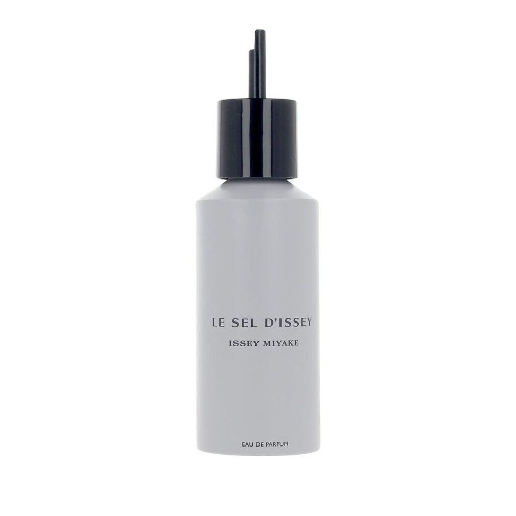 Graue Flasche mit schwarzem Verschluss. Aufschrift: Le Sel d'Issey, Issey Miyake. Eau de Parfum.