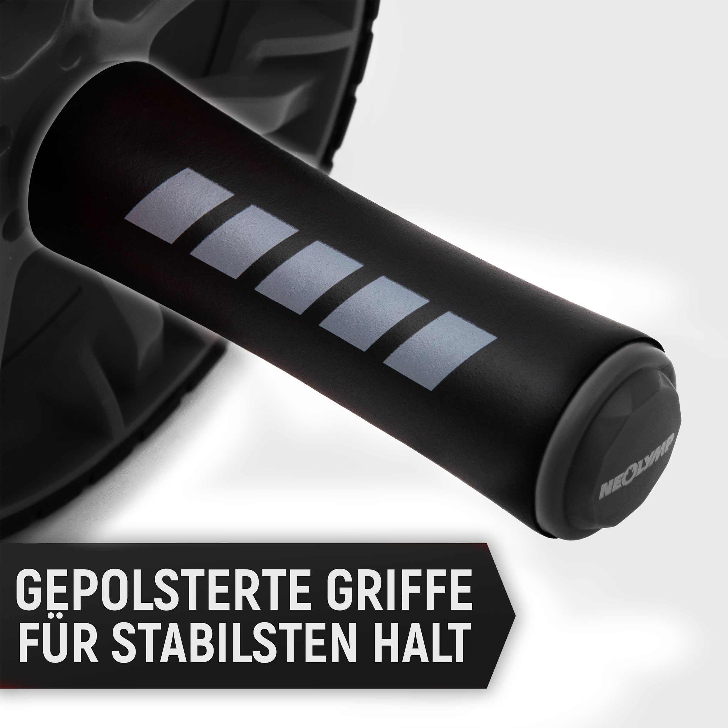 Schwarzer Griff mit gepolsterten Griffen und reflektierenden Streifen. Text: Gepolsterte Griffe für stabilsten Halt. Logo: NEOLYMP.