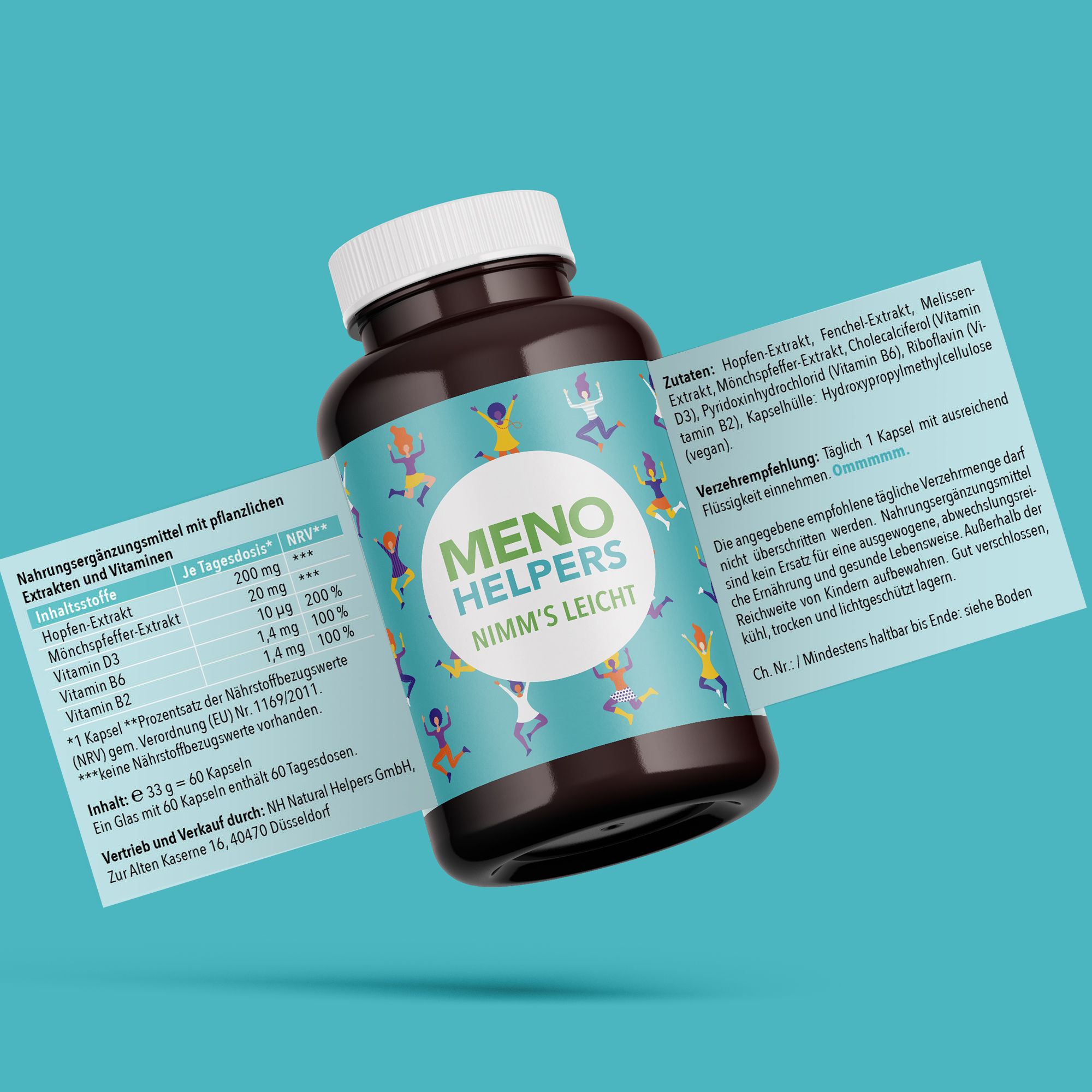 Braune Flasche "MENO HELPERS NIMM'S LEICHT" mit Beipackzettel. Auf dem Zettel: Inhaltsstoffe, Dosierung, Nährwerte.