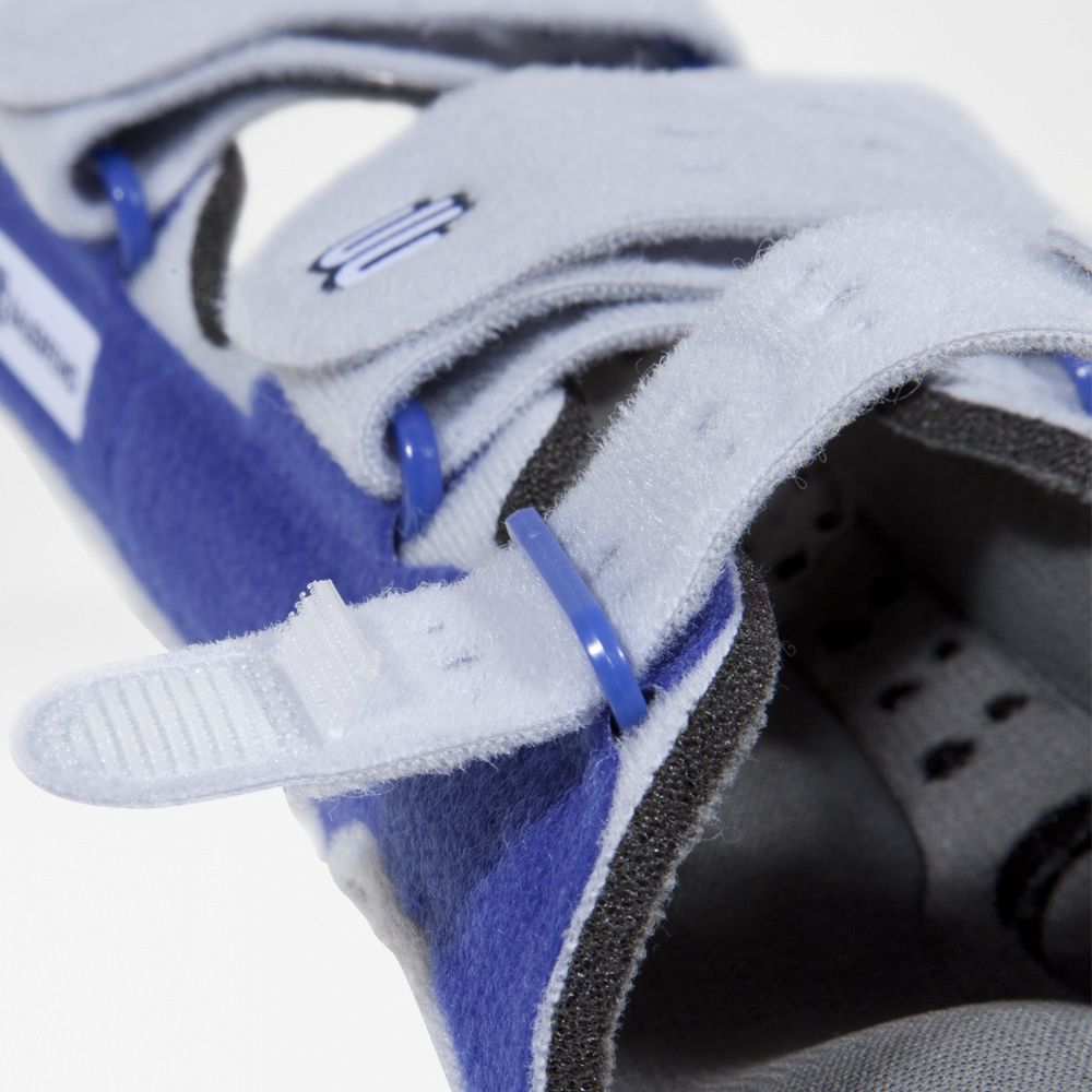 Detail der MANULOC TITAN 2 Handgelenkbandage. Blaue und graue Materialien, Klettverschluss, blaue Kunststoffringe.
