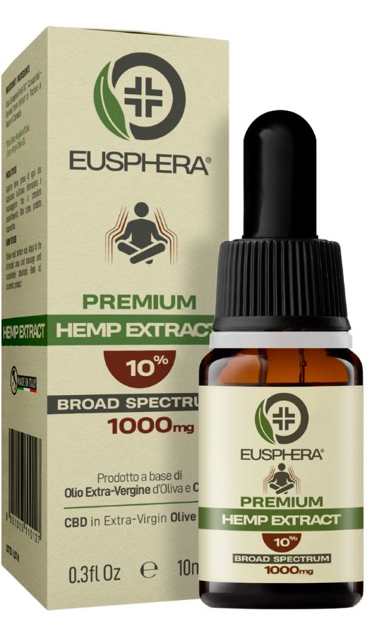 Flacone di vetro marrone con contagocce. Scritta: EUSPHERA, Premium Hemp Extract, 10%, 1000mg. Confezione con logo e testo.