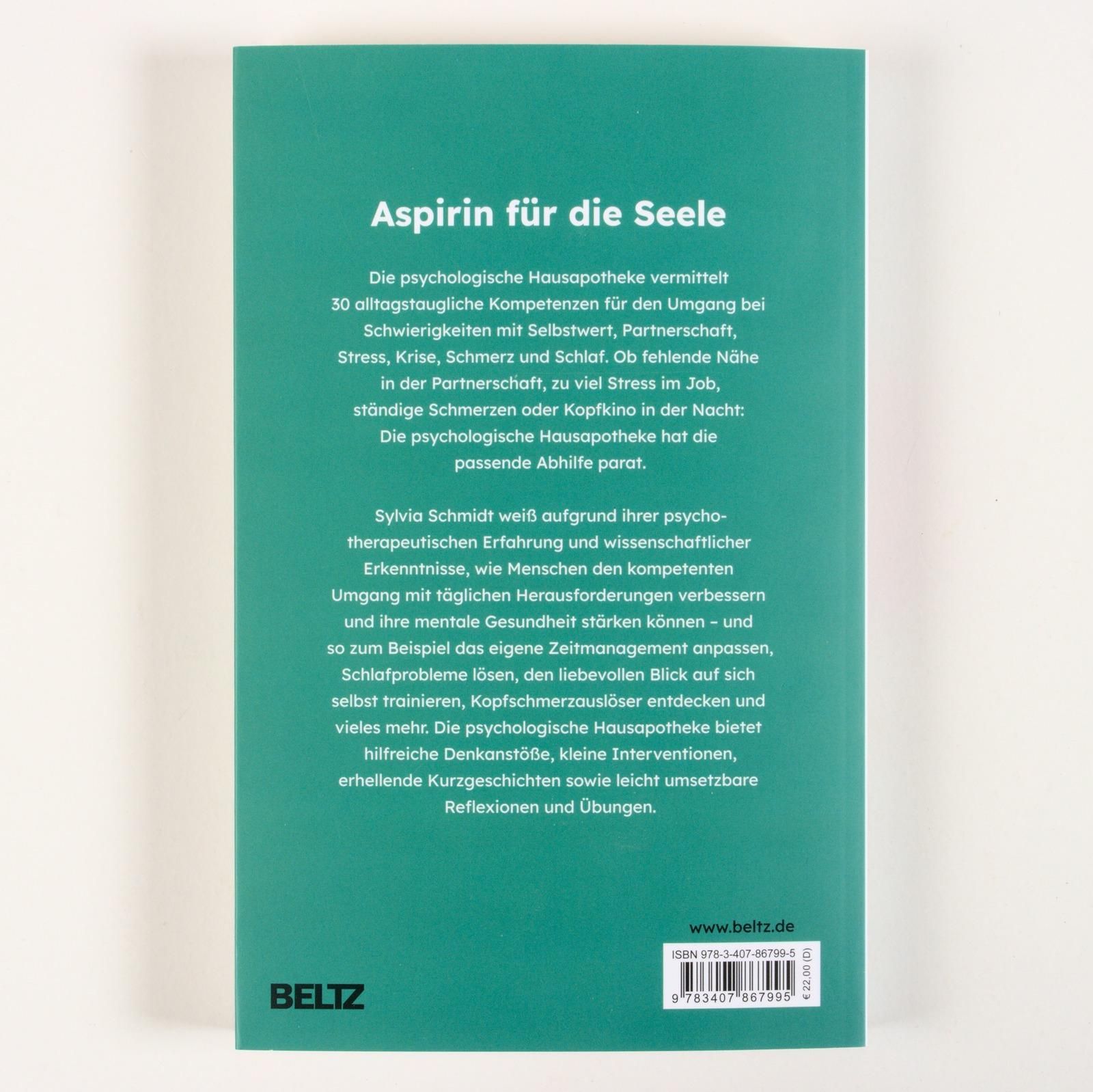 Buchrücken mit Titel "Aspirin für die Seele". Text beschreibt Inhalte und Autorin Sylvia Schmidt. Verlag BELTZ.