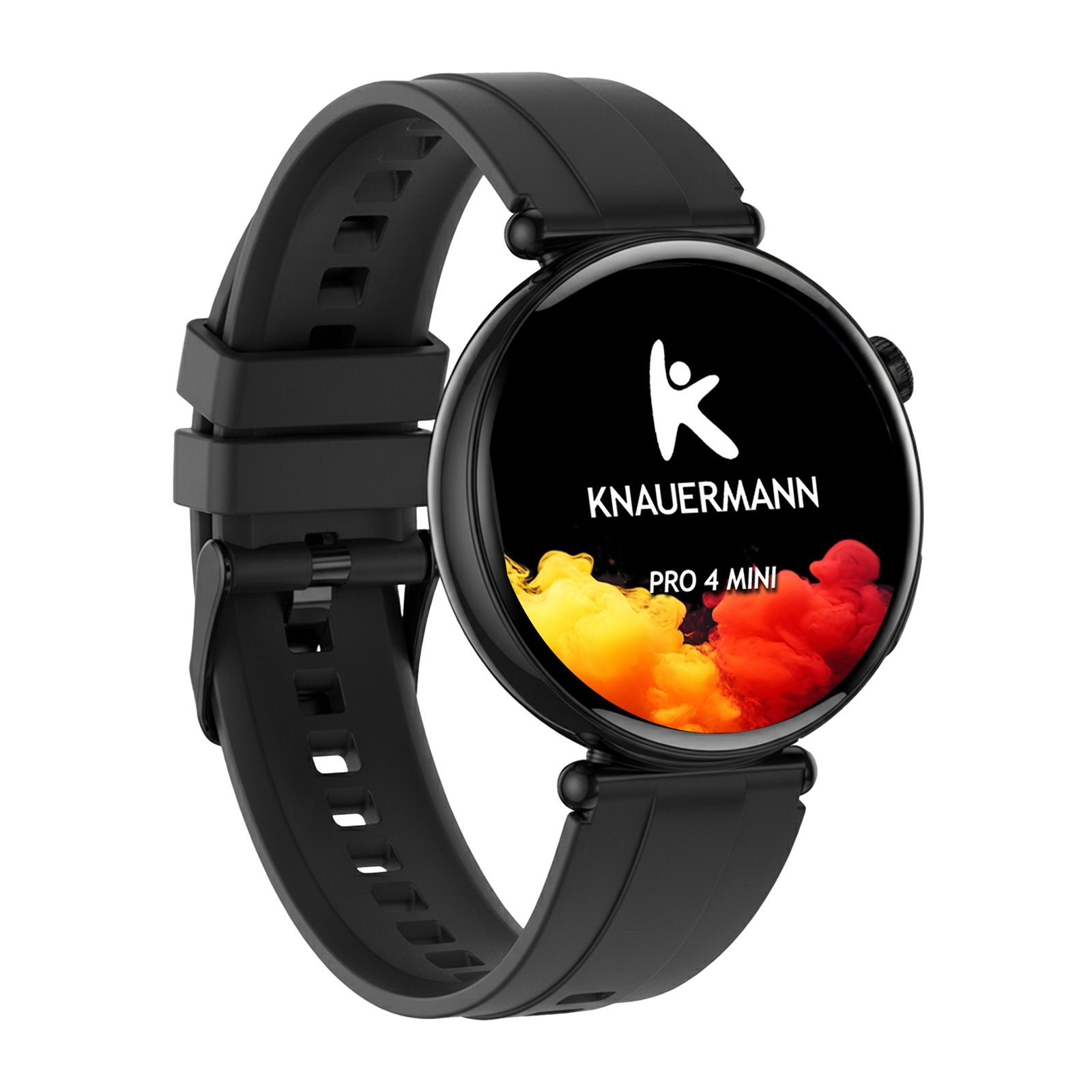 Knauermann Pro 4 Mini Smartwatch, schwarz. Rundes Zifferblatt mit Logo und Schriftzug. Schwarzes Armband.