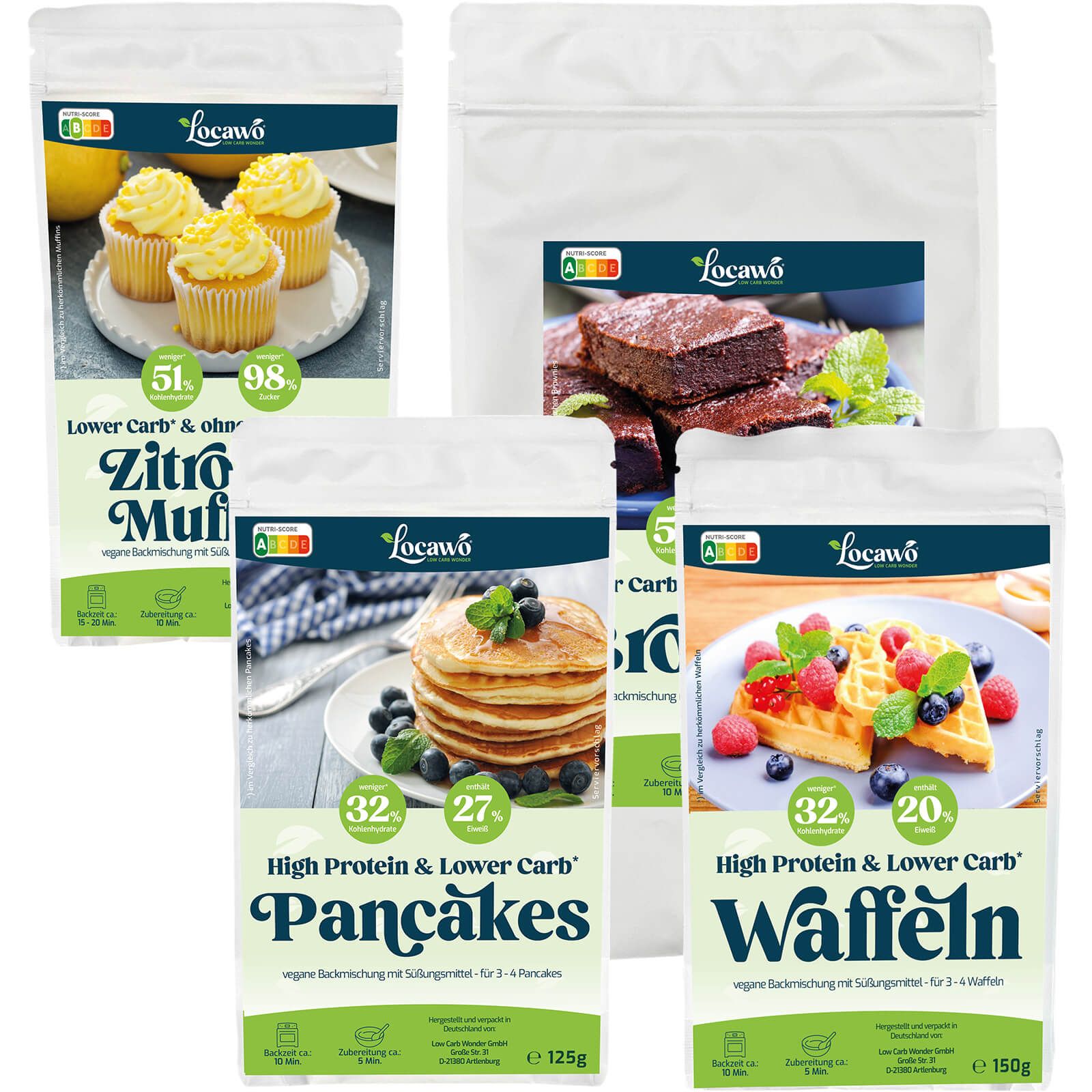 Mehrere Beutel mit Backmischungen. Aufdrucke: Locawo, Zitronen Muffins, High Protein & Lower Carb, vegane Backmischung. Abgebildet sind Muffins.