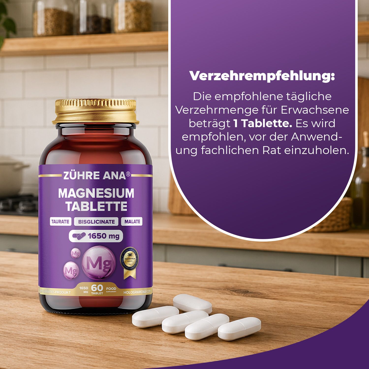 Flasche mit Magnesiumtabletten und 5 einzelnen Tabletten. Flaschenetikett zeigt "ZÜHRE ANA Magnesium Tablette" und "1650 mg".