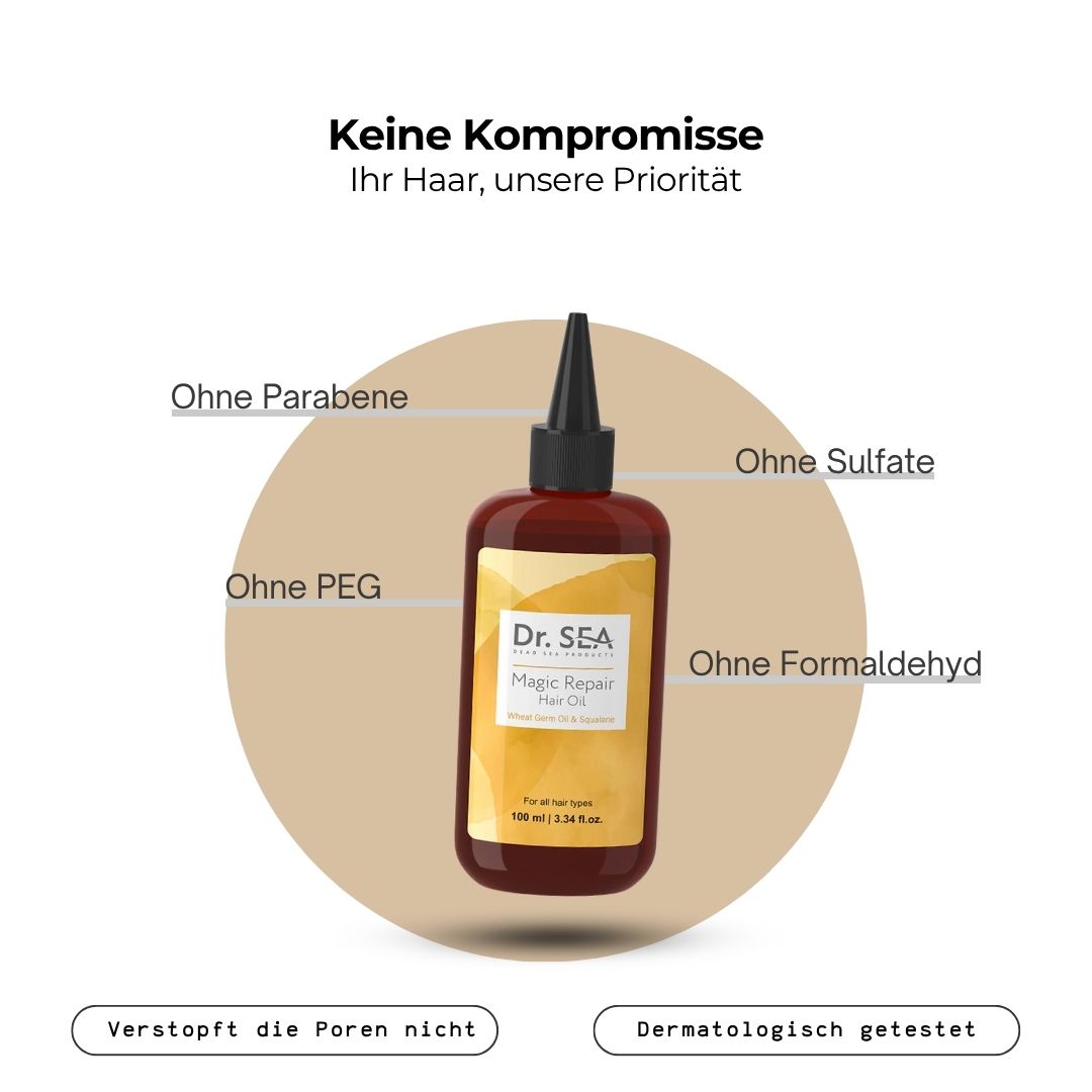 Flasche mit Haaröl, Textbox mit Inhaltsstoffen: Ohne Parabene, Sulfate, PEG, Formaldehyd. Dermatologisch getestet.