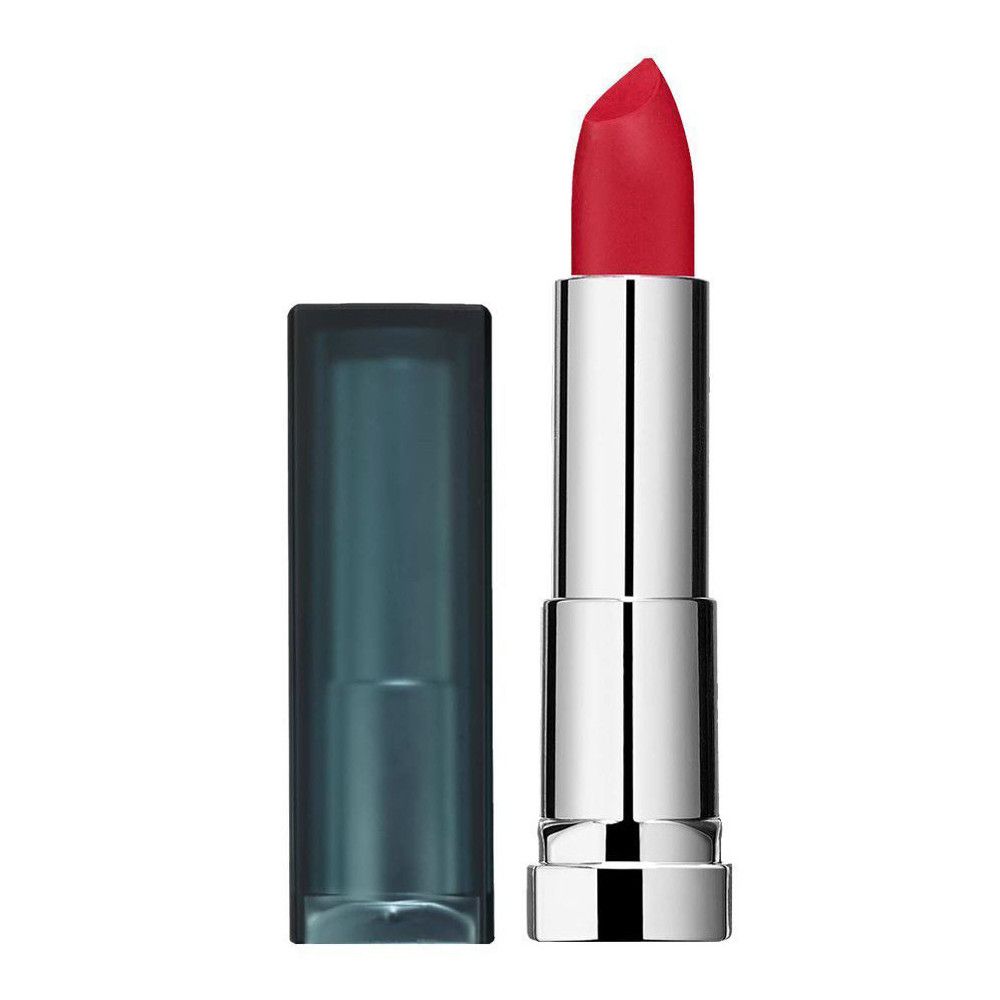 Maybelline New York Lippenstift, rot. Silberne Hülse, transparente Kappe.