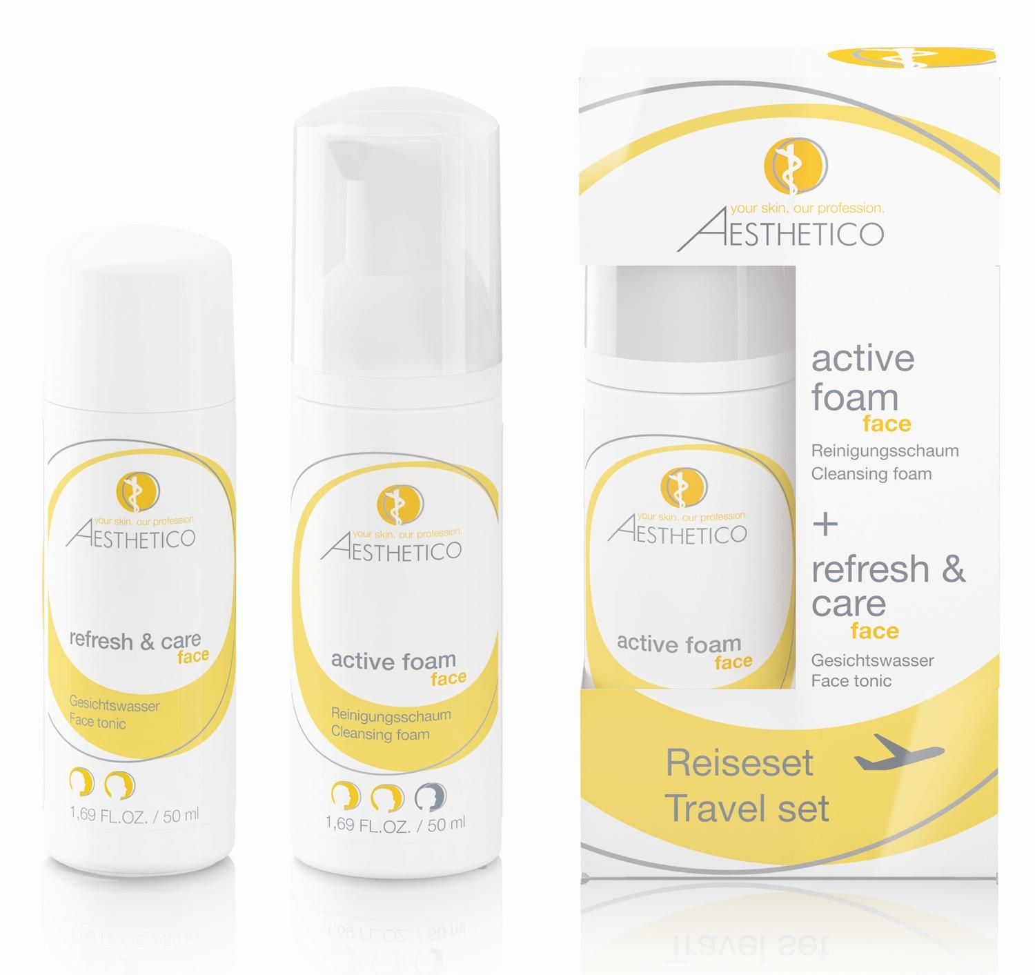 Reiseset refresh & care + active foam, 2x 50 Reinigung, Aesthetico