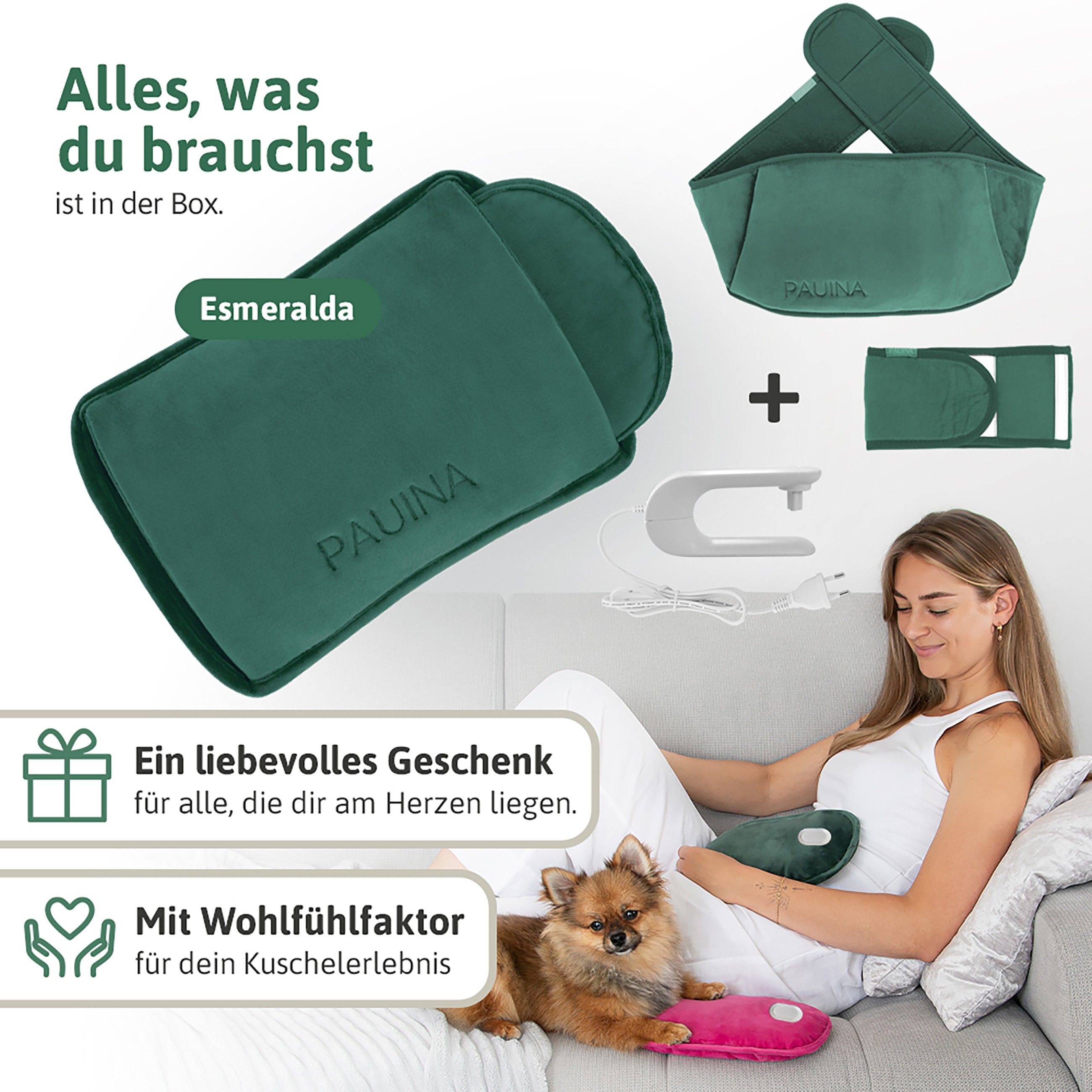 Produkt-Set mit grüner Wärmflasche und Zubehör. PAUINA-Logo. Text: Alles, was du brauchst, ist in der Box.