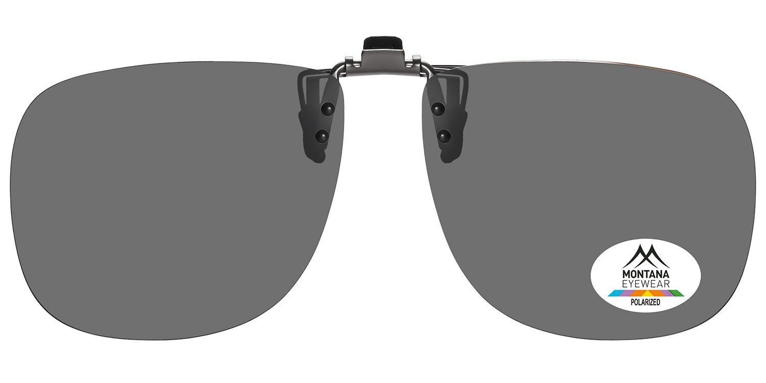 Montana Eyewear Miami Clip-on-Sonnenbrille mit grauen Gläsern. Ovales Logo mit Schriftzug und Polarisierungs-Symbol.