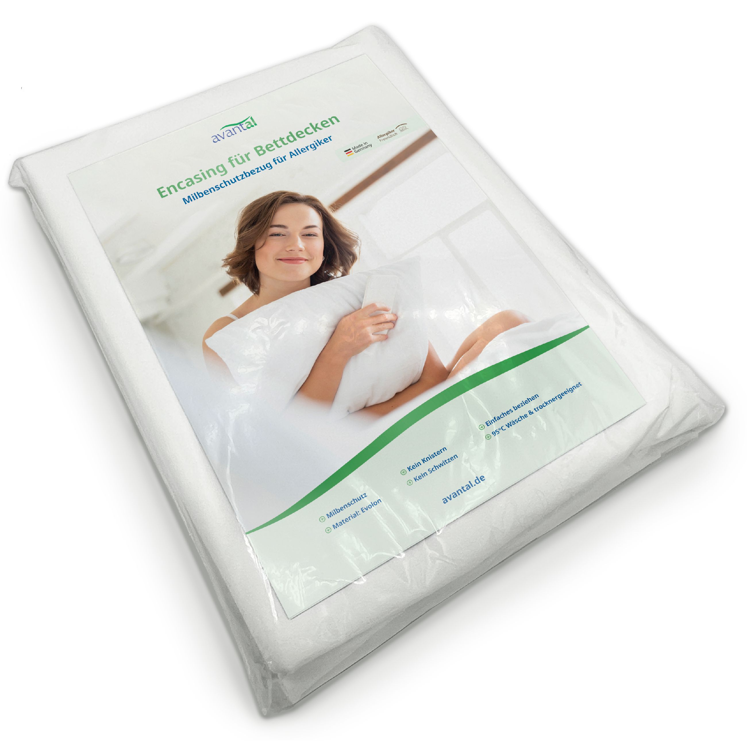 Verpackung des avantal® Milbenschutz Deckenbezugs. Frau mit Kissen auf der Verpackung. Text: Encasing für Bettdecken, Milbenschutzbezug für Allergiker.