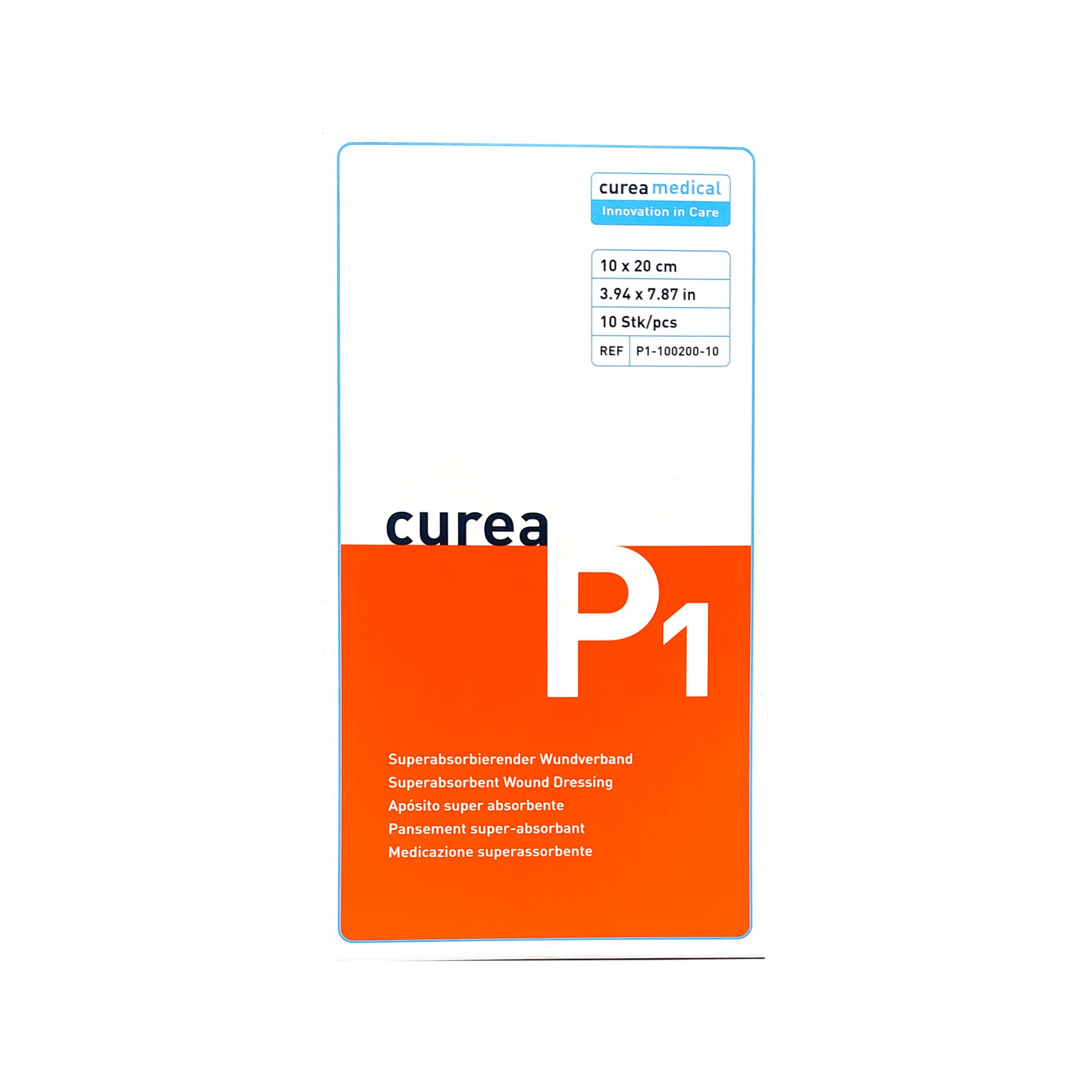 Verpackung von CUREA P1 Wundauflage. Weiß, orangefarben und blau. Enthält 10 Stück, 10x20 cm. Aufschrift: Superabsorbierender Wundverband.