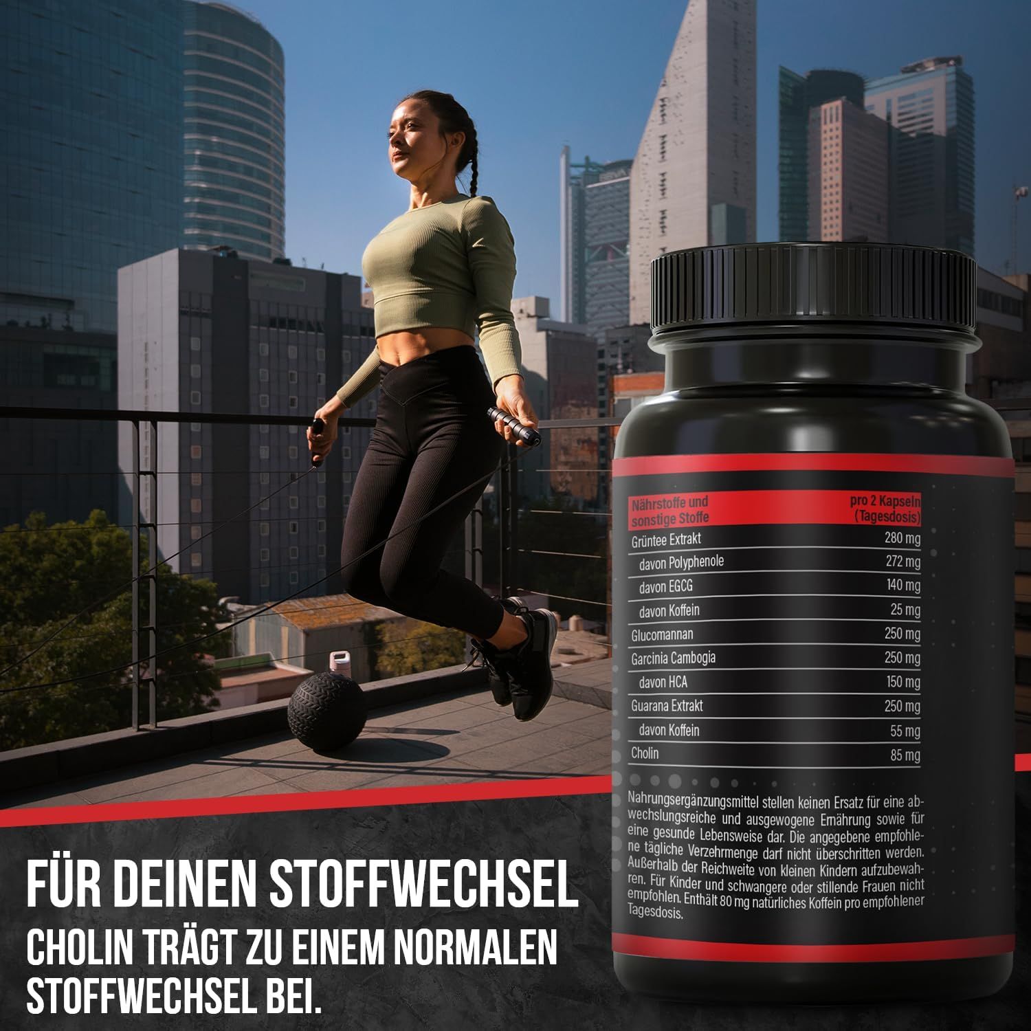 Frau springt mit Springseil. Schwarze Dose mit roter Schrift. Text: Für deinen Stoffwechsel. Cholin.