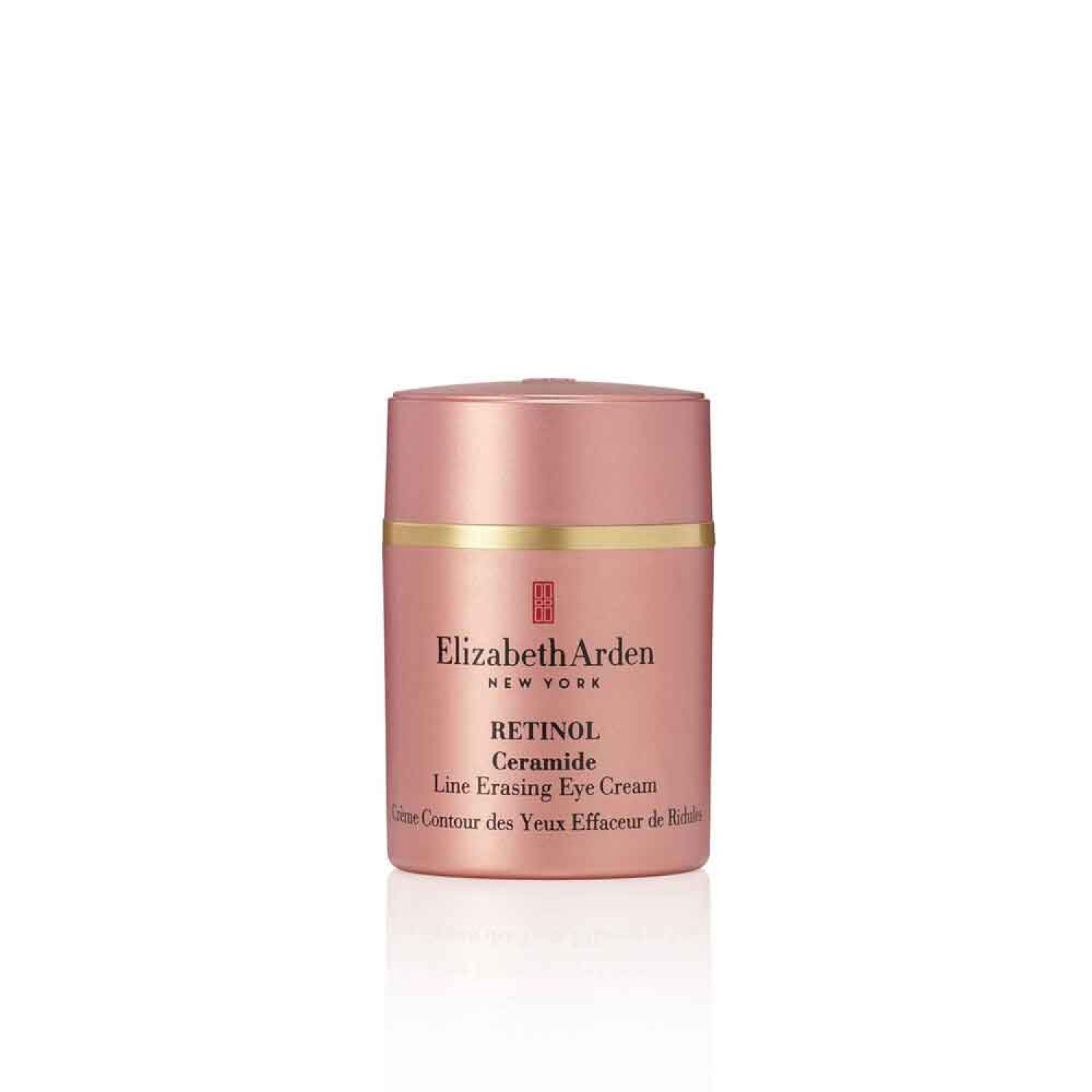 Rosa Dose mit goldfarbenem Deckel. Aufschrift: Elizabeth Arden, Retinol Ceramide Line Erasing Eye Cream.