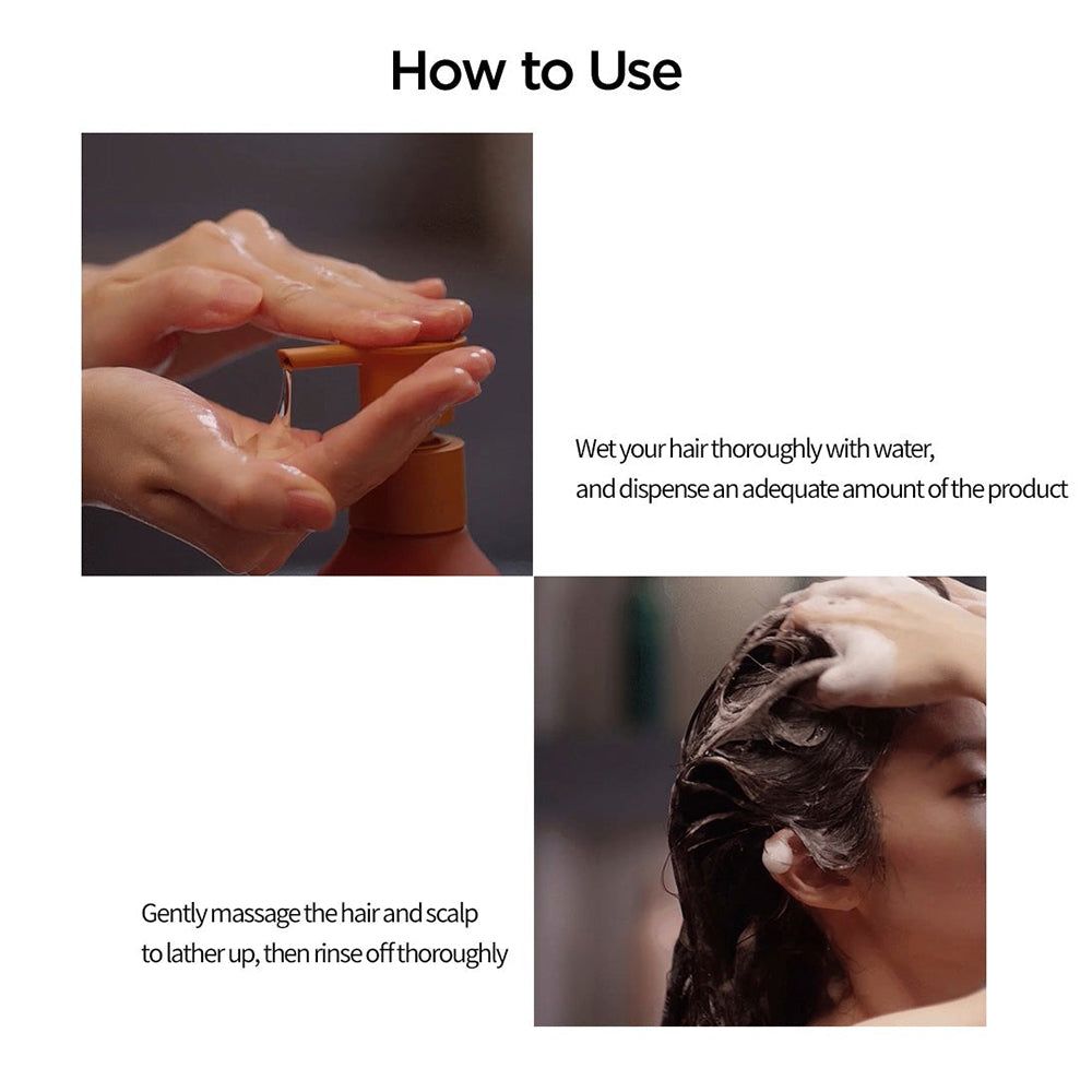 Anwendungshinweise für AYUNCHE Enrich Bonding Shampoo: Dosieren und Einmassieren.