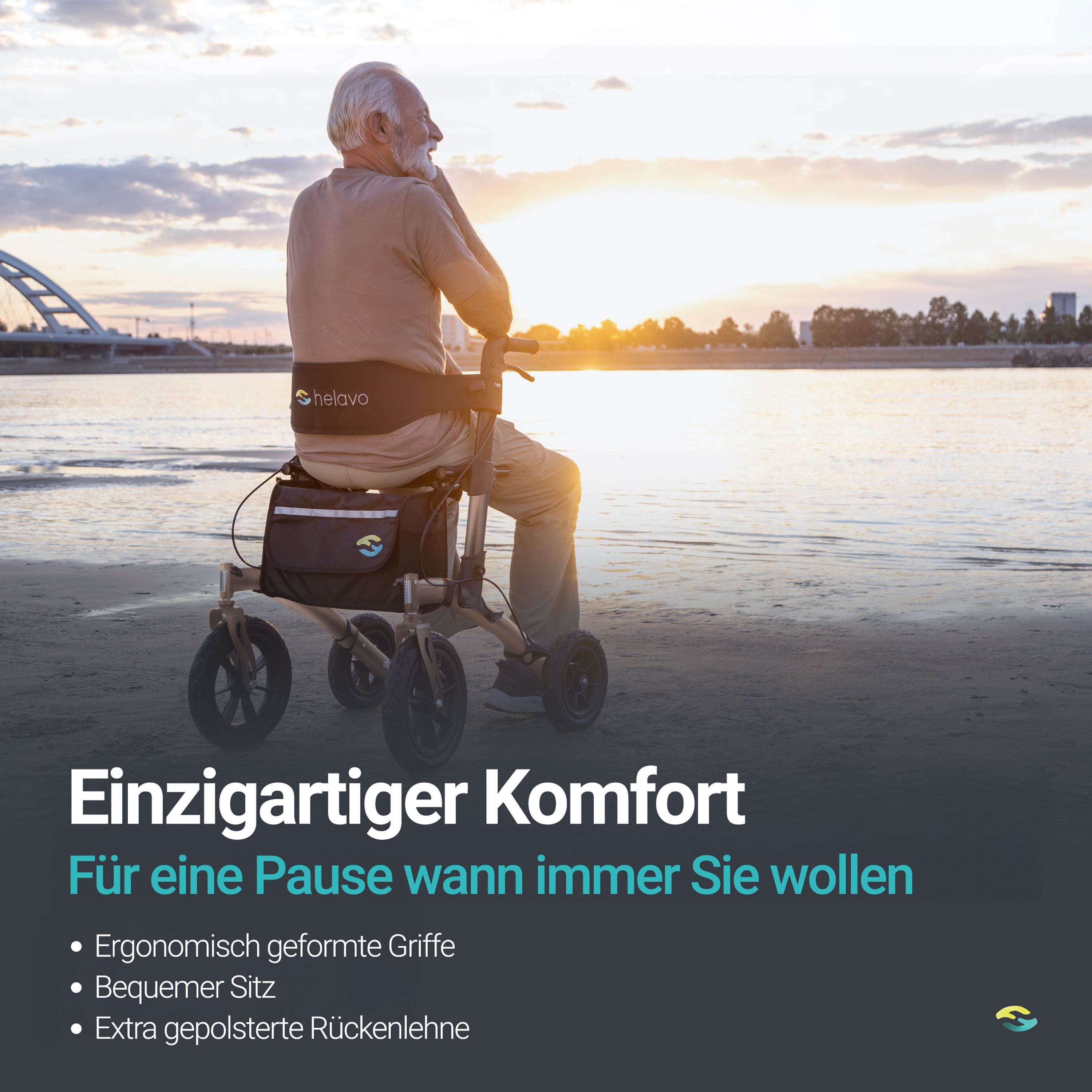 Helavo Outdoor Rollator mit Luftbereifung faltbar mit Sitz und Rueckenlehne