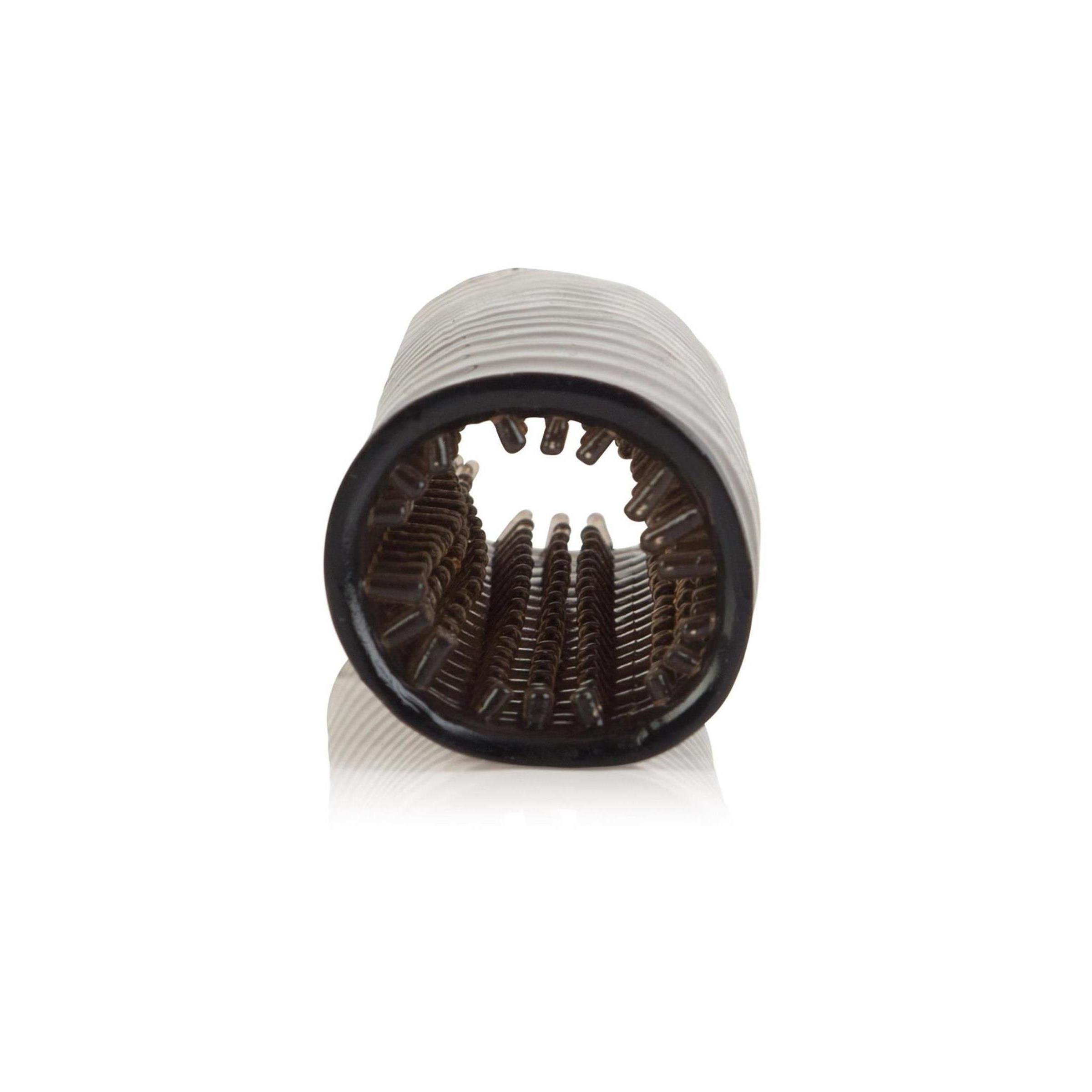 Zylindrisches Produkt mit Noppen. Dunkelbraun. Auf weißem Hintergrund.