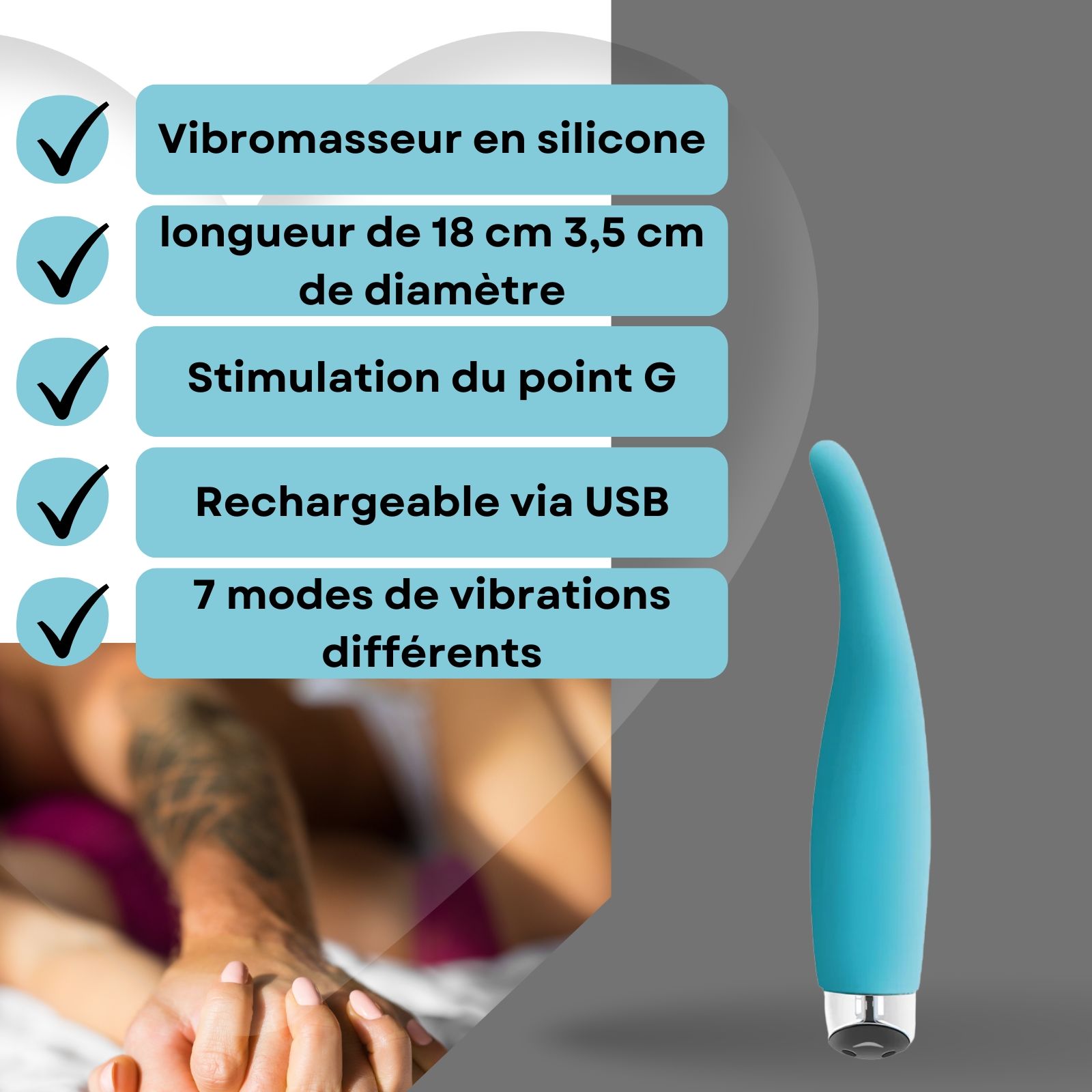 Vibrateur bleu en silicone. Texte: Vibrateur en silicone, 18cm, 3,5cm diamètre, stimulation point G, rechargeable USB, 7 modes.