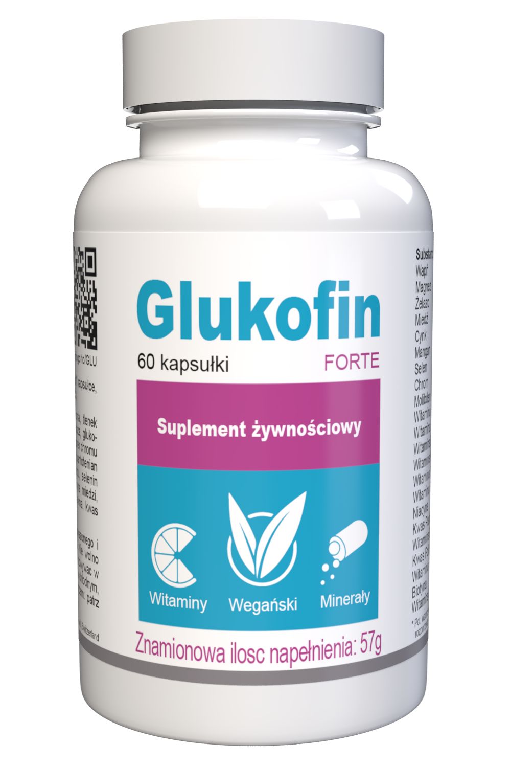 Weiße Flasche mit Glukofin-Kapseln. Aufschrift: 60 Kapseln, Nahrungsergänzungsmittel. Enthält Vitamine, vegane Inhaltsstoffe und Mineralien.