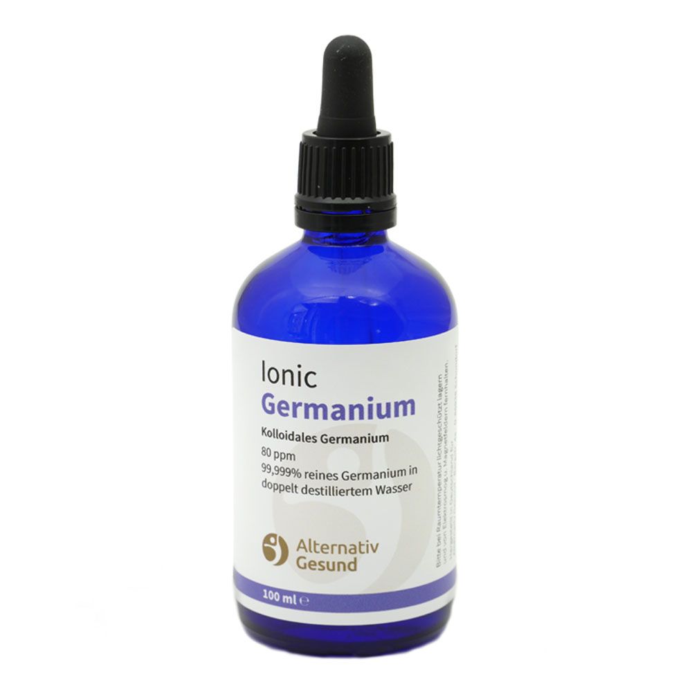 Blaue Glasflasche mit schwarzem Tropfer. Beschriftung: Ionic Germanium, Alternativ Gesund. Etikett mit Produktinformationen.