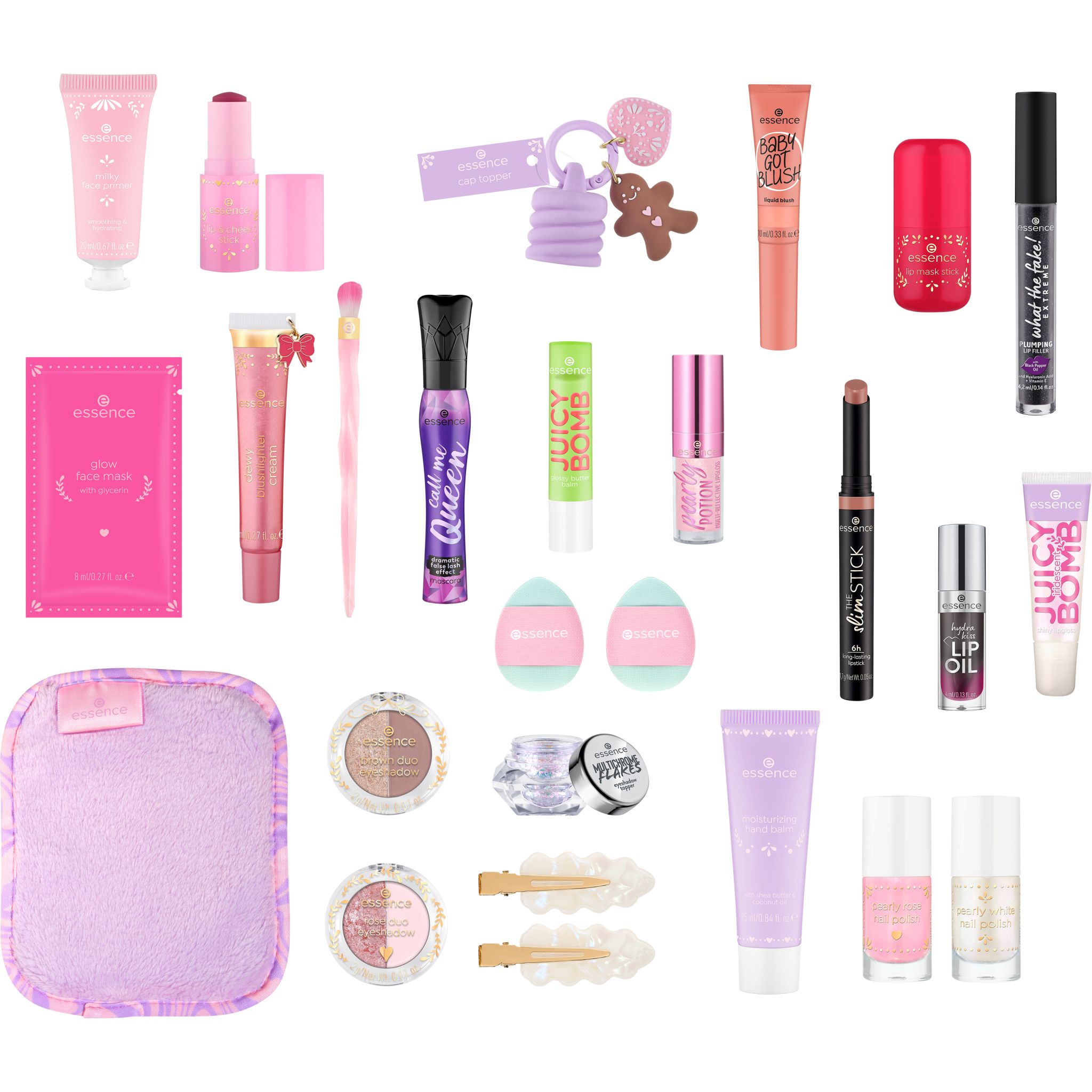 Inhalt des essence Adventskalenders 'The Holiday Tree': Kosmetikprodukte und Accessoires.