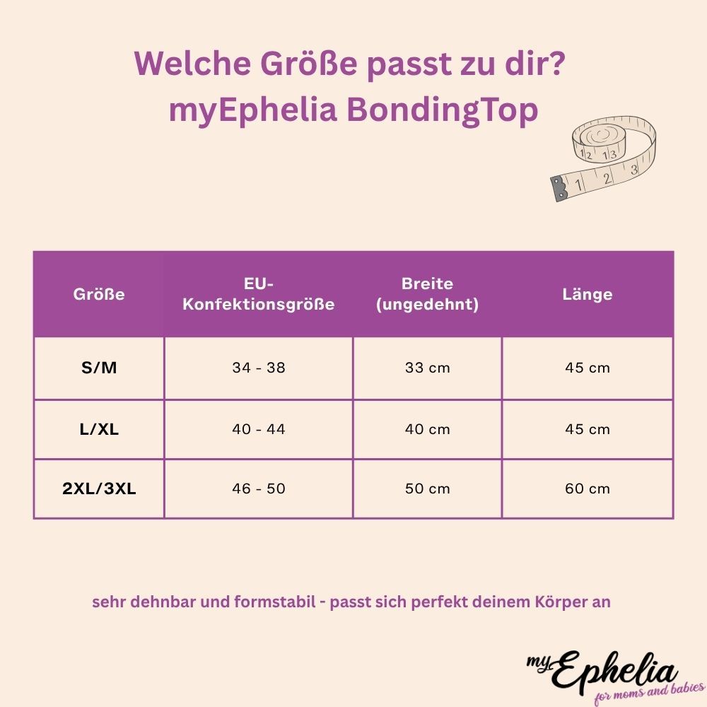 Größentabelle für myEphelia BondingTop. Größen: S/M, L/XL, 2XL/3XL. Maße in cm. Text: sehr dehnbar und formstabil. Logo: myEphelia.